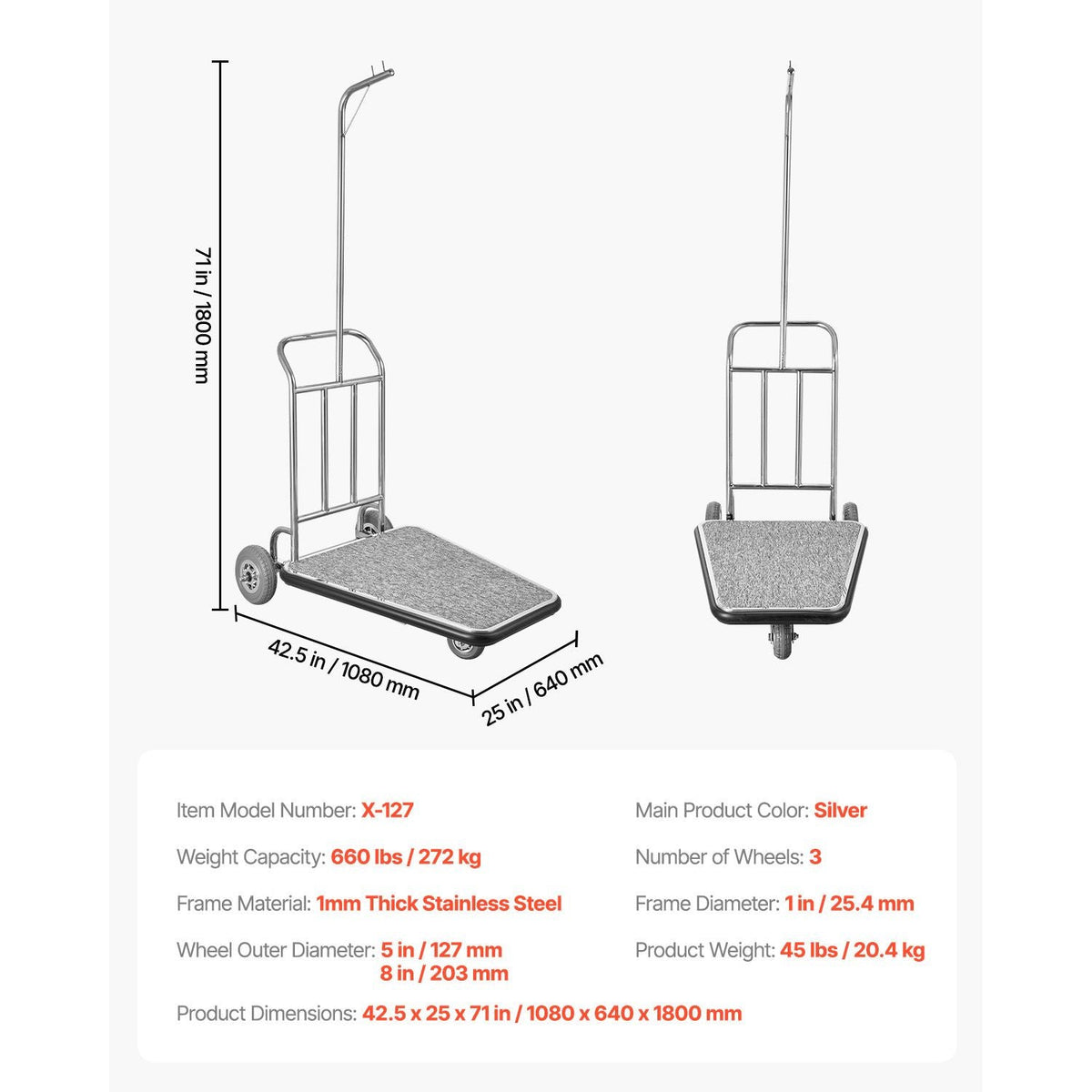 Luggage Cart, 600 LBS Load Capacity, 3 Wheel Stainless Steel Bellman Cart, Valet Cart with Grey Carpeted Deck and Rubber Wheels, Ideal for Convention Centers, Hotels, Rental Properties, Silver