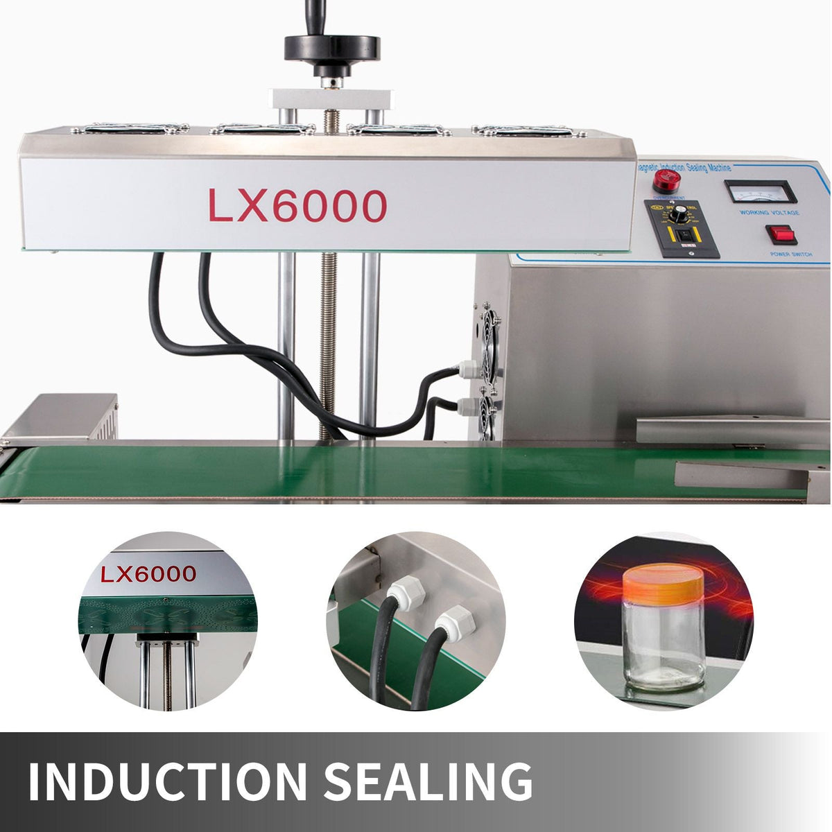 LX-6000 Induction Bottle Sealer Cap Diameter 20-80mm Induction Sealing Machine Continuous Induction Sealer Heat Induction Sealing Machine for Height 80-300mm Bottles