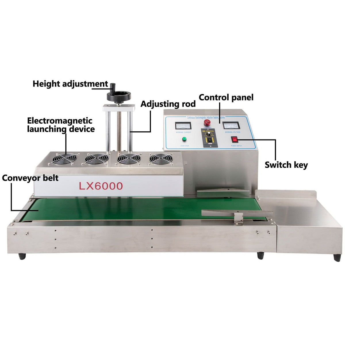 LX-6000 Induction Bottle Sealer Cap Diameter 20-80mm Induction Sealing Machine Continuous Induction Sealer Heat Induction Sealing Machine for Height 80-300mm Bottles