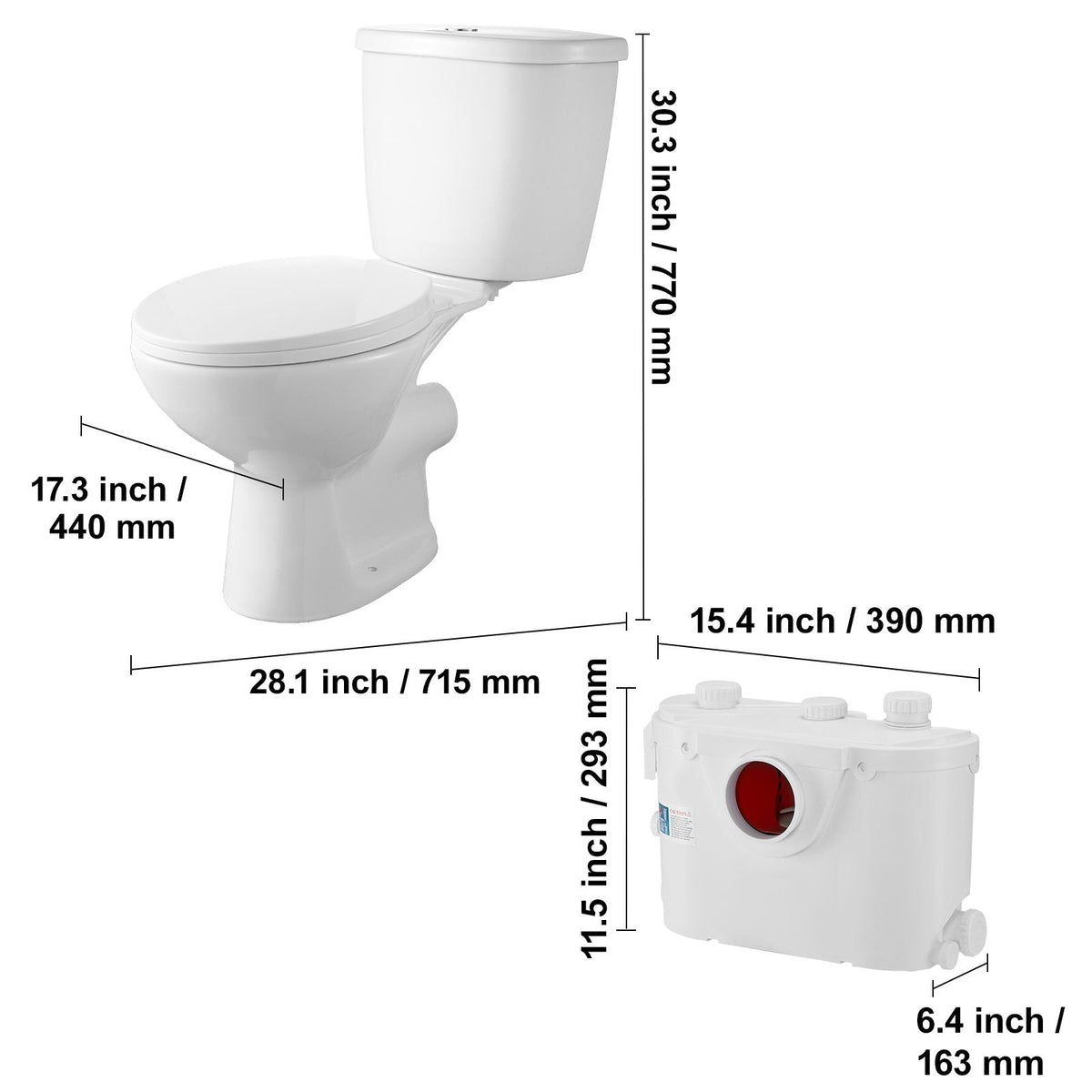 Macerating Toilet System with Powerful 500W Macerator Pump, Rear Discharge and Upflush Toilet For Basement, Dual Flush Water Disposal, Macerating Toilet System Kit with 3-Inlet, Space Saving