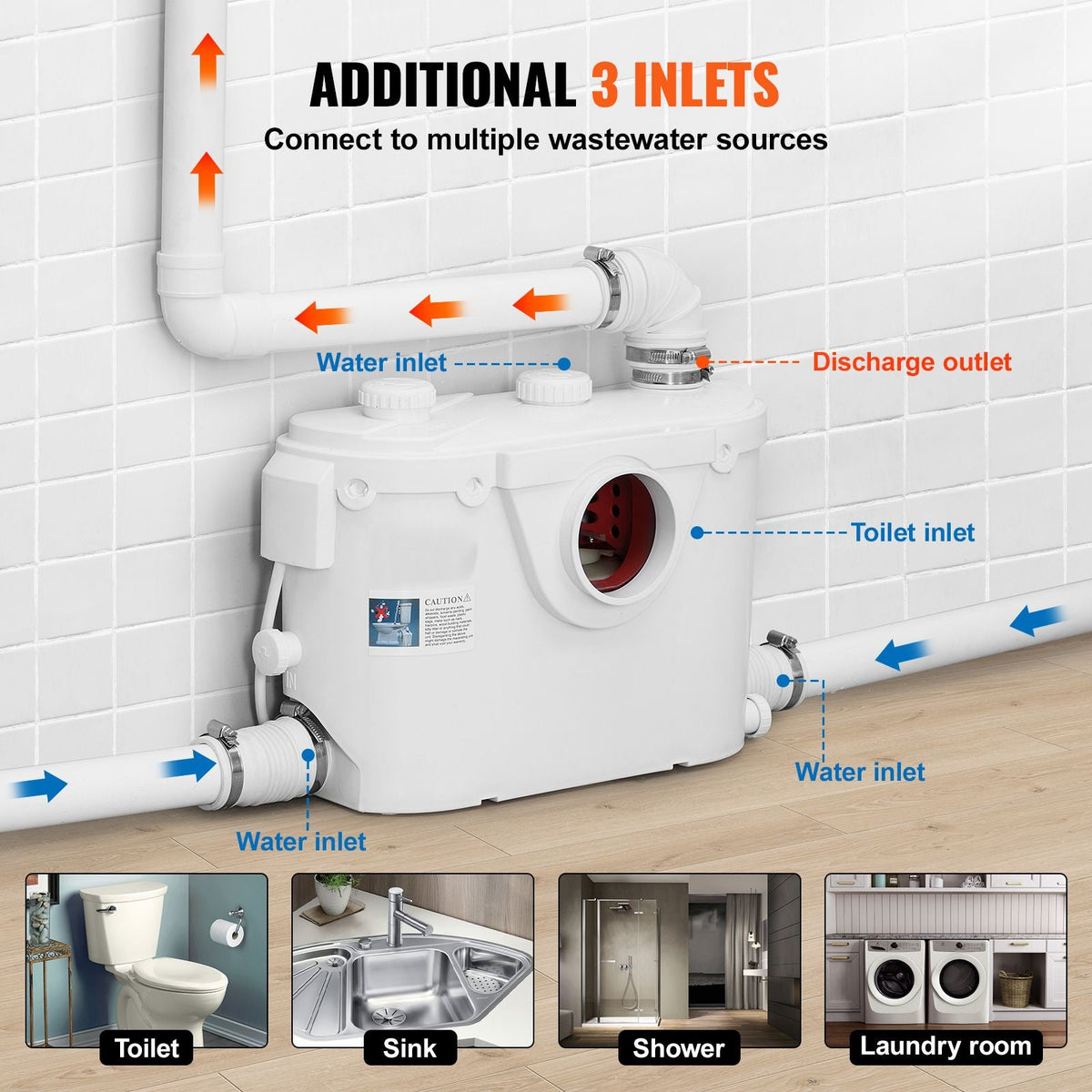 Macerating Toilet System with Powerful 500W Macerator Pump, Rear Discharge and Upflush Toilet For Basement, Dual Flush Water Disposal, Macerating Toilet System Kit with 3-Inlet, Space Saving
