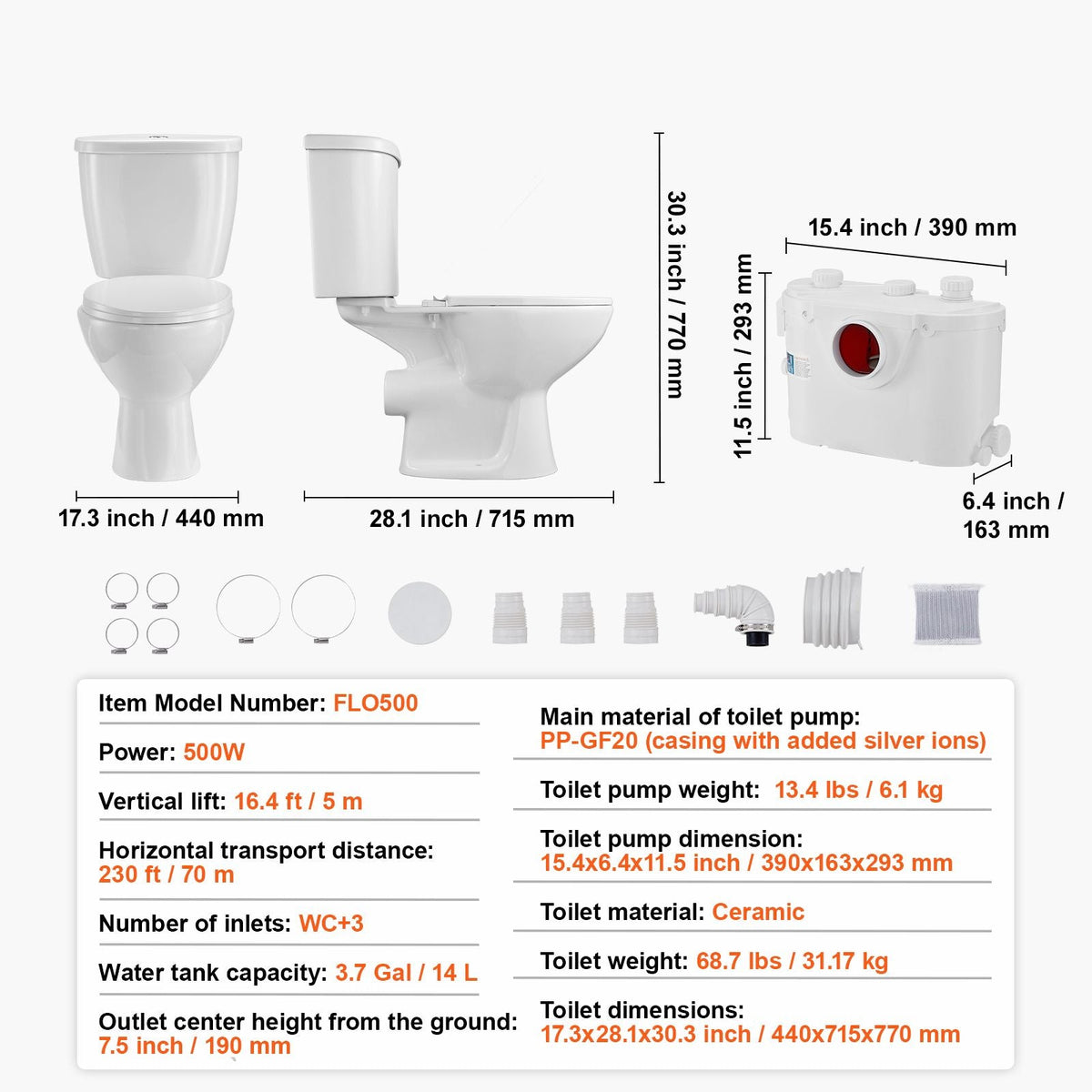 Macerating Toilet System with Powerful 500W Macerator Pump, Rear Discharge and Upflush Toilet For Basement, Dual Flush Water Disposal, Macerating Toilet System Kit with 3-Inlet, Space Saving