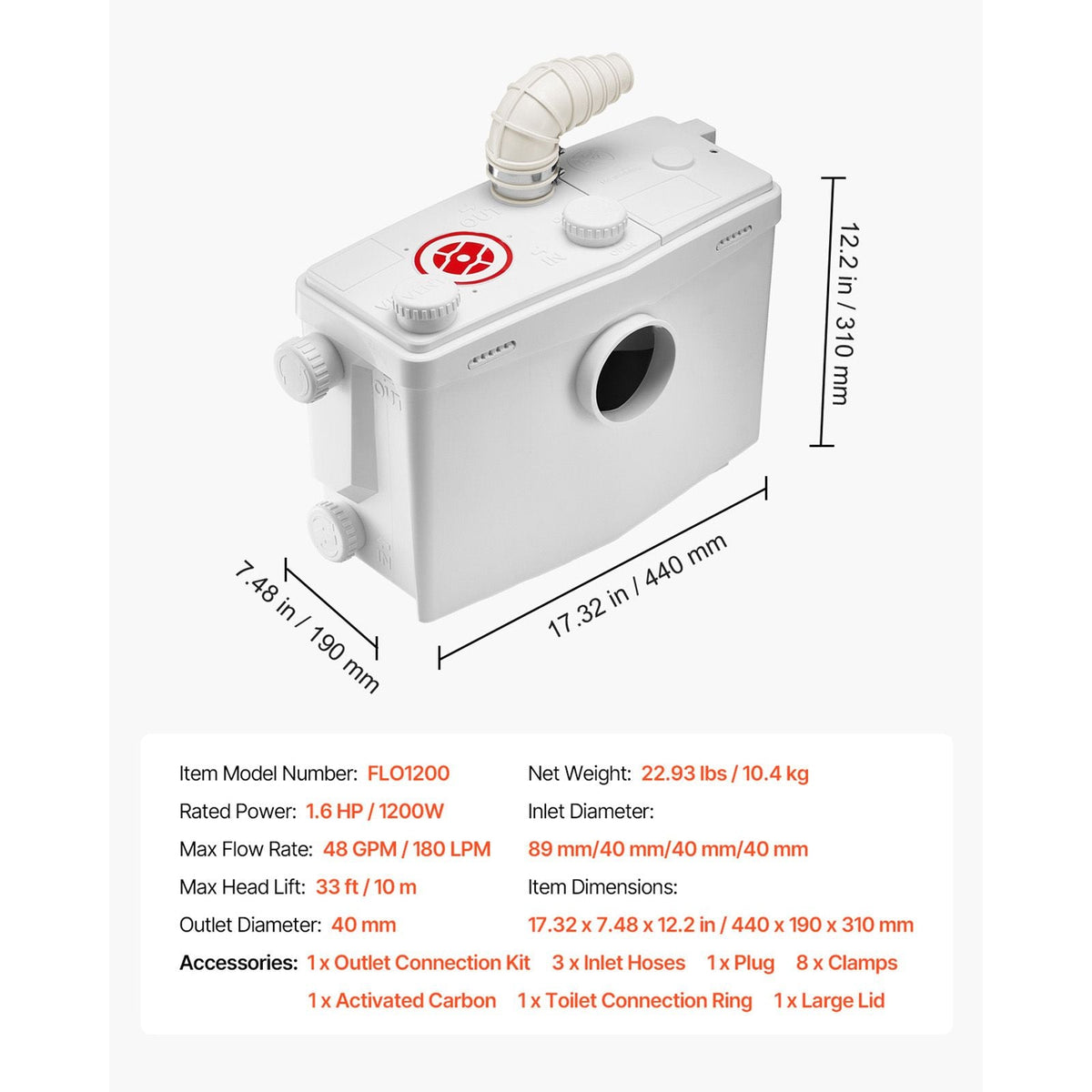 Macerator Pump, 1200W, 48 GPM Flow, 33 ft/10 m Head, Macerator Sewerage Toilet Pump with 4 Water Inlets, Waste Water Disposal Upflush Machine for Toilet, Basement, Shower, Sink, Laundry, Bathtub