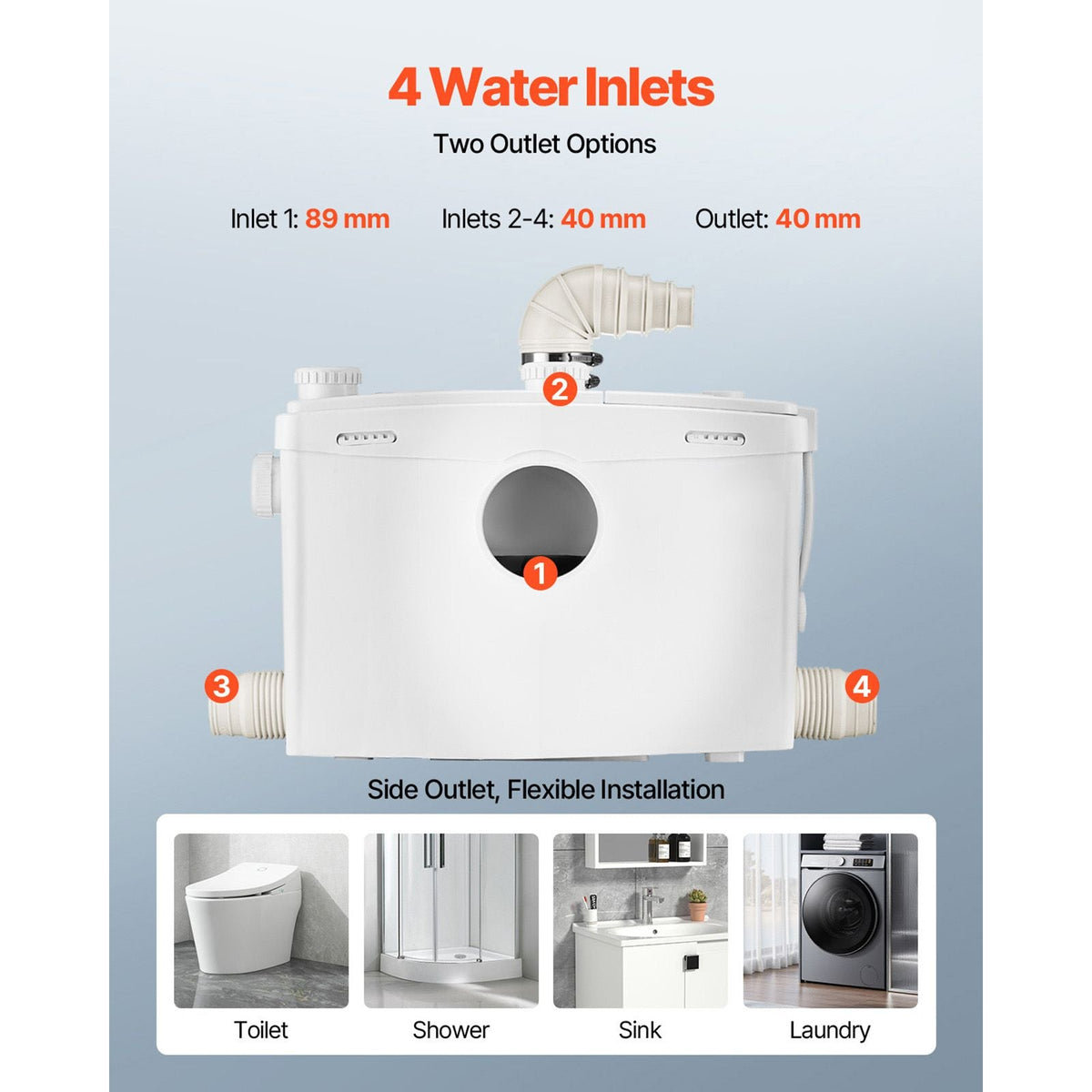 Macerator Pump, 1200W, 48 GPM Flow, 33 ft/10 m Head, Macerator Sewerage Toilet Pump with 4 Water Inlets, Waste Water Disposal Upflush Machine for Toilet, Basement, Shower, Sink, Laundry, Bathtub