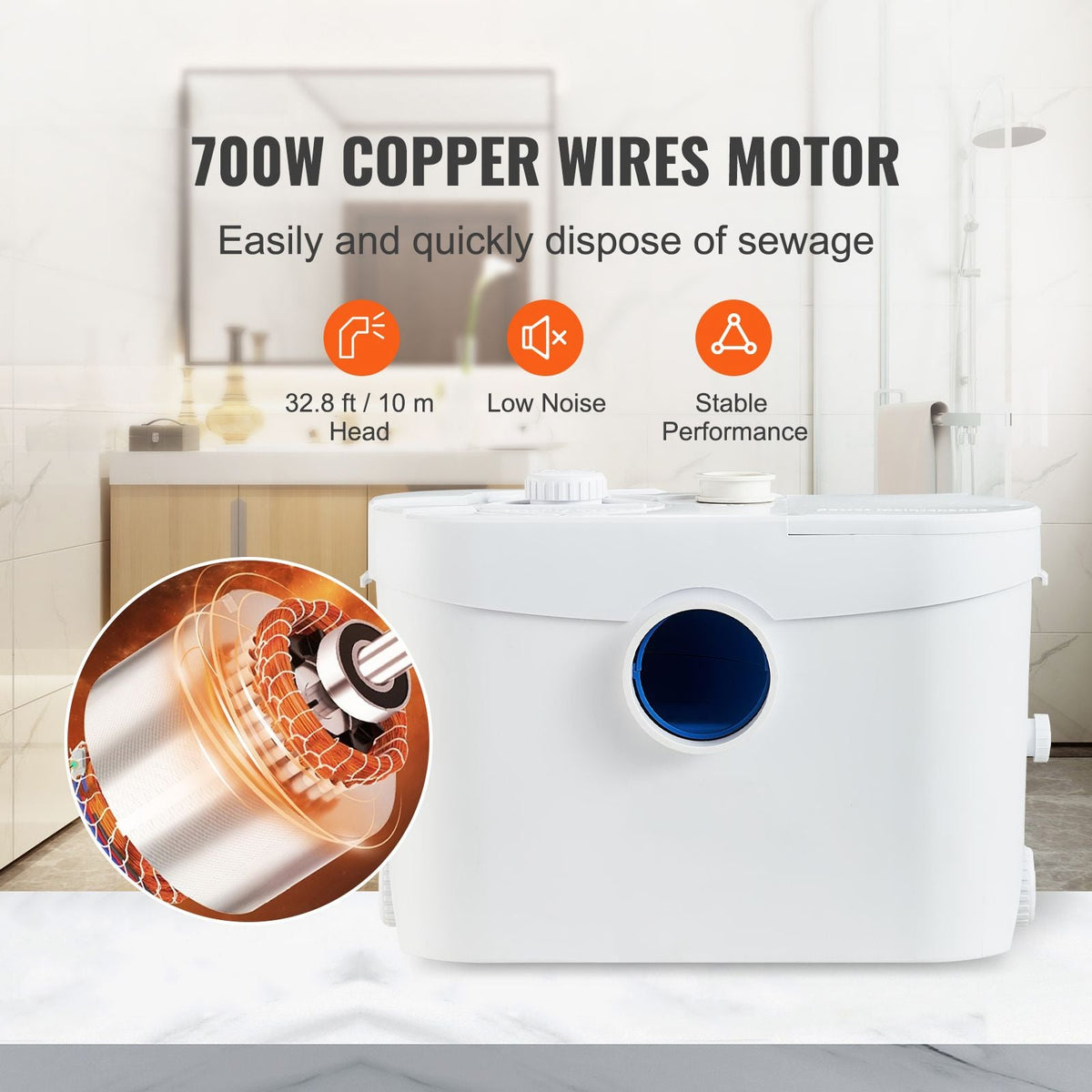 Macerator Pump, 700W, 9600 L/h Flow, 32.8 ft/10 m Head, Macerator Sewerage Sump Pump with 3 Water Inlets for Toilet, Basement, Kitchen, Sink, Shower, Bathtub Waste Water Disposal Upflush Machine