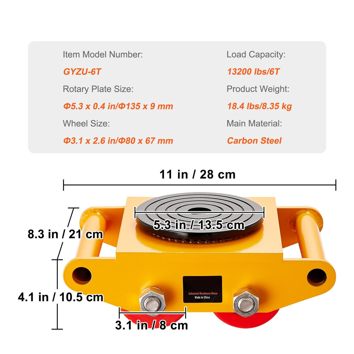 Machinery Skate Dolly, 13,200 LBS/6T Industrial Machinery Mover, Heavy Duty Carbon Steel Machinery Moving Skate with 4 PU Wheels and 360° Rotation Non-Slip Cap for Warehouse, Workshop, Factory