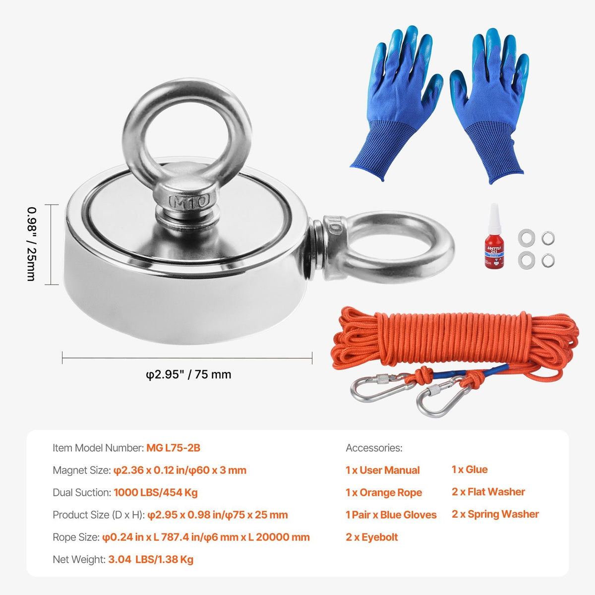 Magnet Fishing Kit, 1000 LBS/454 Kg Double-Sided Pulling Force Strong Magnet Fishing Kit, Rare Earth Neodymium Magnetic Fishing Kit Includes Grappling Hook, Heavy Duty Rope, Gloves and Eyebolt