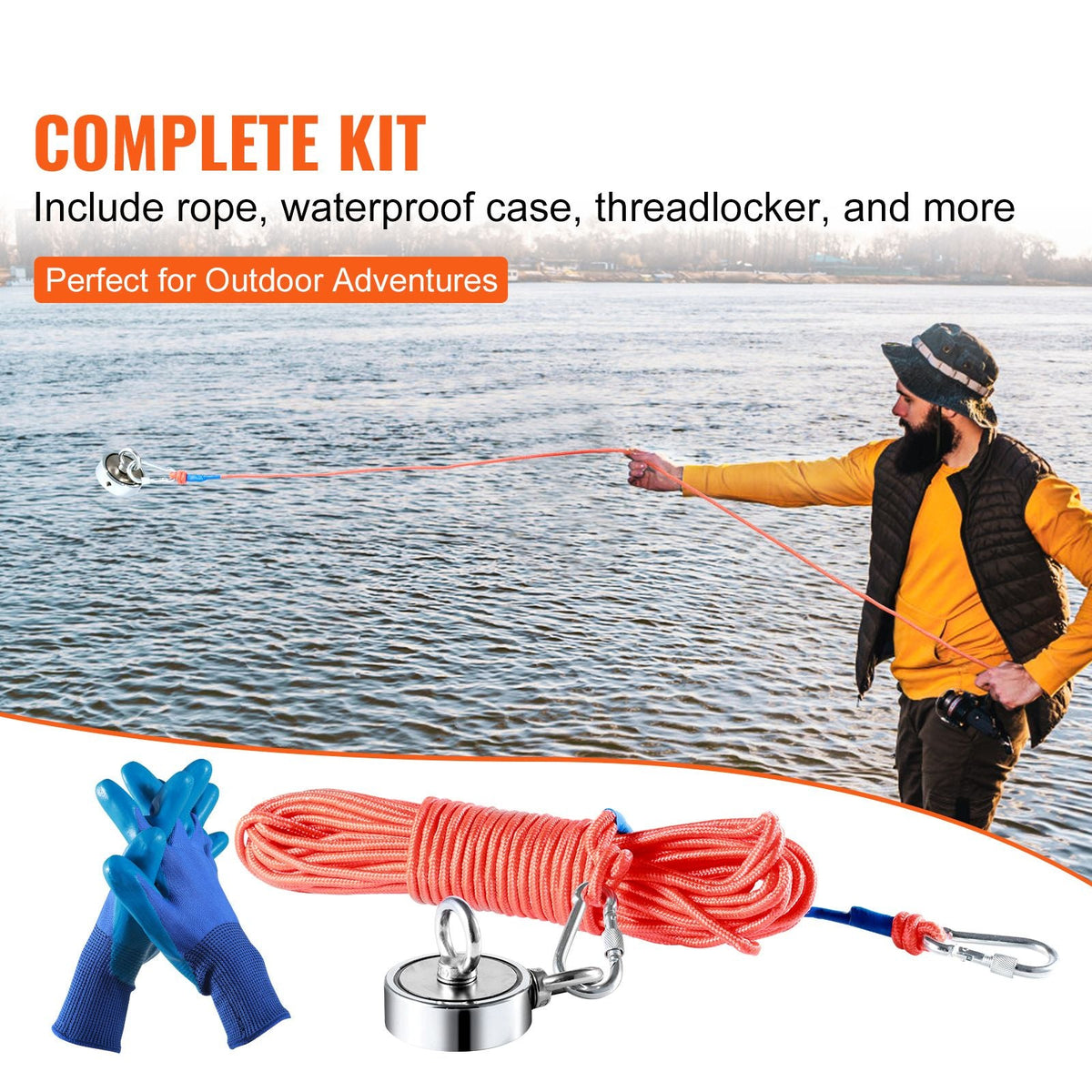 Magnet Fishing Kit, 1200lbs 2.95inch Diameter Double Sided Fishing Magnets, Strong Neodymium Magnet with Heavy Duty 65FT Rope, Grappling Hook, Waterproof Case, Gloves, Threadlocker, Eye Bolt