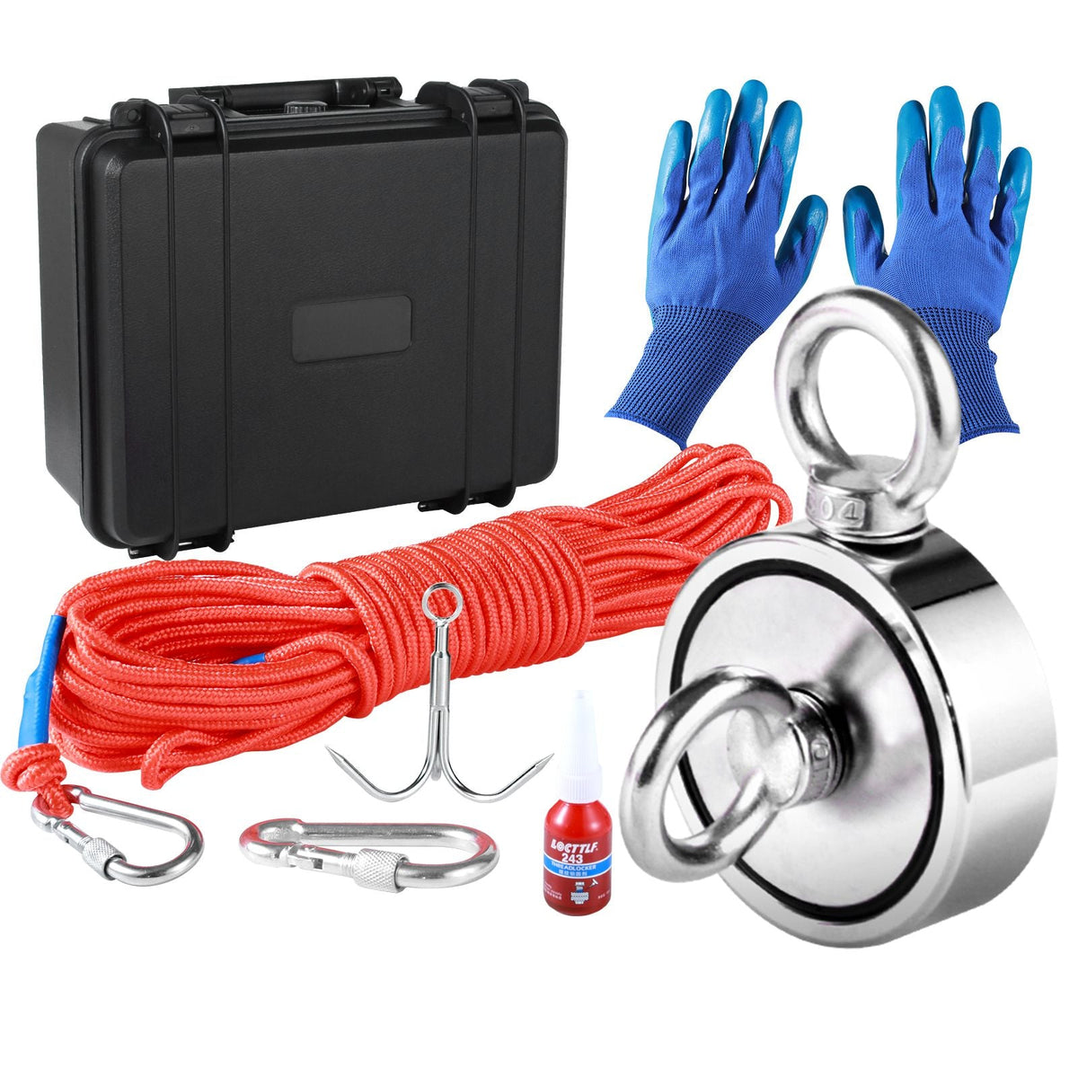 Magnet Fishing Kit, 1200lbs 2.95inch Diameter Double Sided Fishing Magnets, Strong Neodymium Magnet with Heavy Duty 65FT Rope, Grappling Hook, Waterproof Case, Gloves, Threadlocker, Eye Bolt