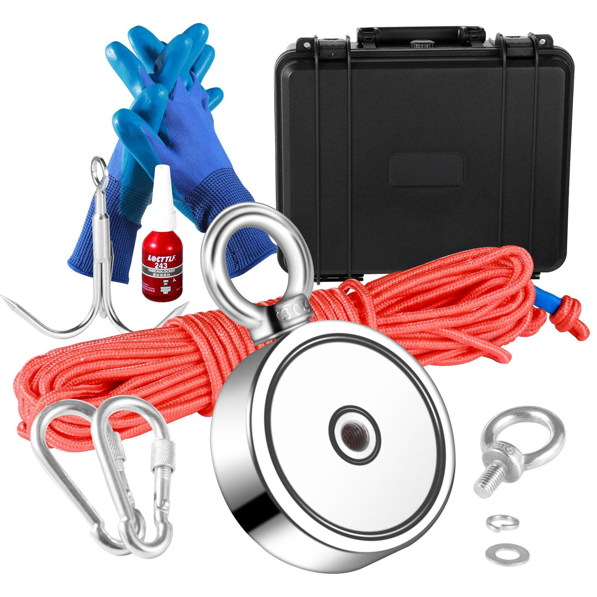 Magnet Fishing Kit, 1200lbs 2.95inch Diameter Double Sided Fishing Magnets, Strong Neodymium Magnet with Heavy Duty 65FT Rope, Grappling Hook, Waterproof Case, Gloves, Threadlocker, Eye Bolt