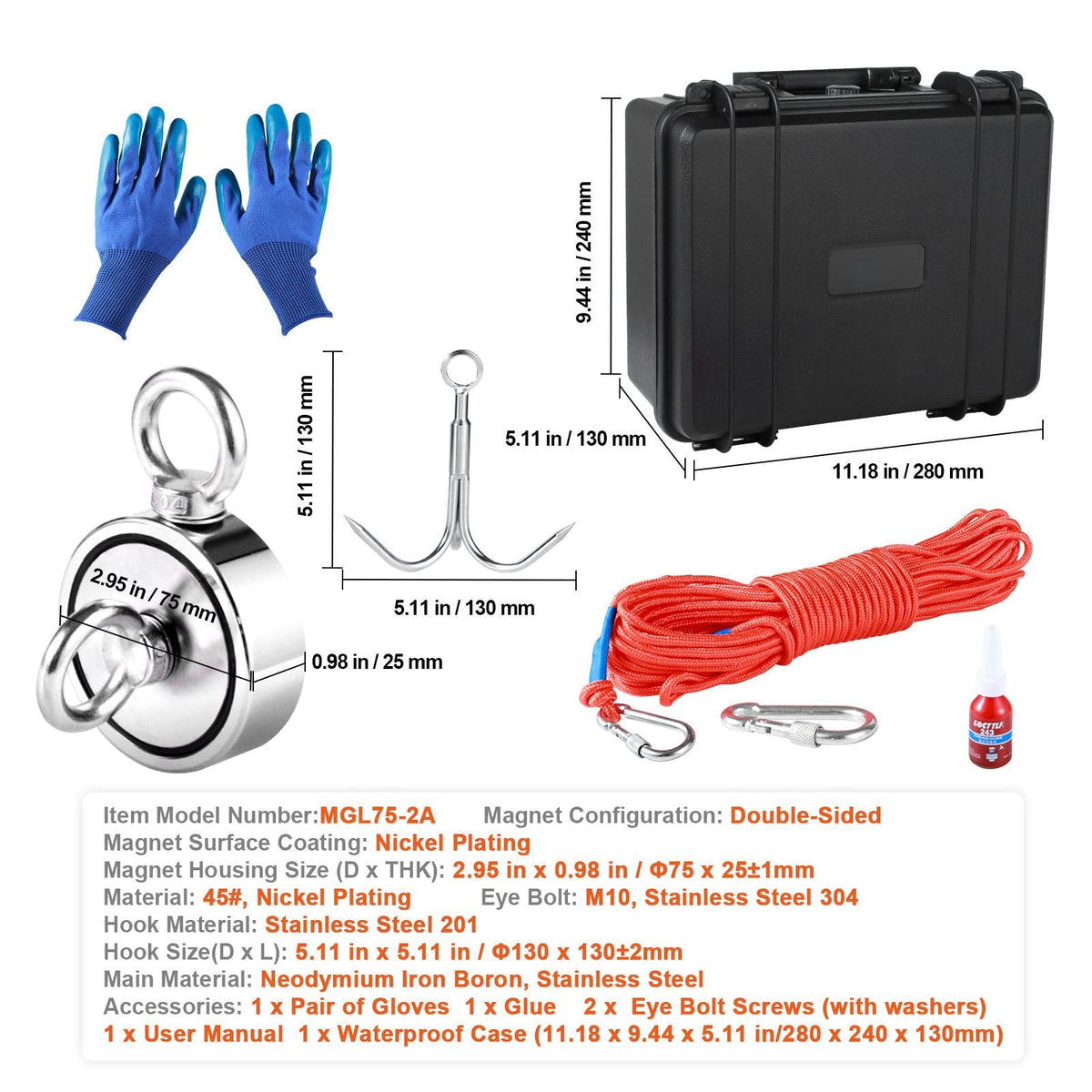 Magnet Fishing Kit, 1200lbs 2.95inch Diameter Double Sided Fishing Magnets, Strong Neodymium Magnet with Heavy Duty 65FT Rope, Grappling Hook, Waterproof Case, Gloves, Threadlocker, Eye Bolt