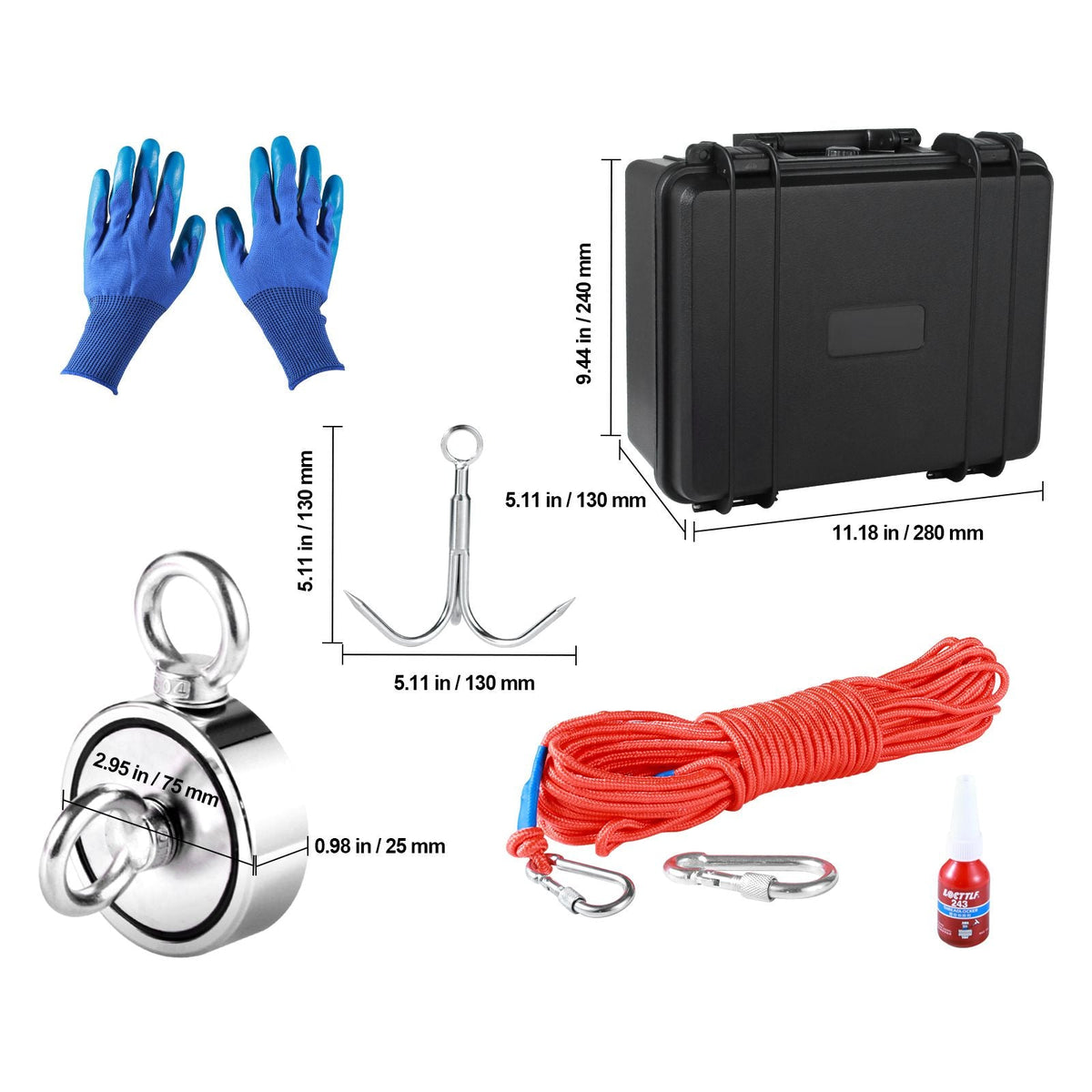 Magnet Fishing Kit, 1200lbs 2.95inch Diameter Double Sided Fishing Magnets, Strong Neodymium Magnet with Heavy Duty 65FT Rope, Grappling Hook, Waterproof Case, Gloves, Threadlocker, Eye Bolt