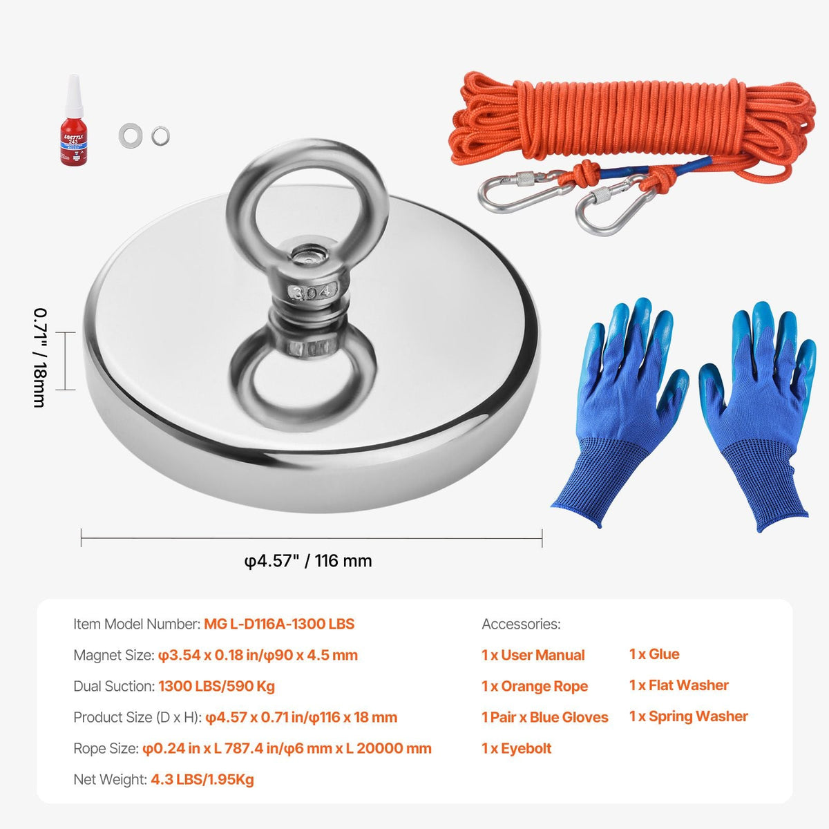 Magnet Fishing Kit, 1300 LBS/590 Kg Single-Sided Pulling Force Strong Magnet Fishing Kit, Rare Earth Neodymium Magnetic Fishing Kit Includes Grappling Hook, Heavy Duty Rope, Gloves and Eyebolt