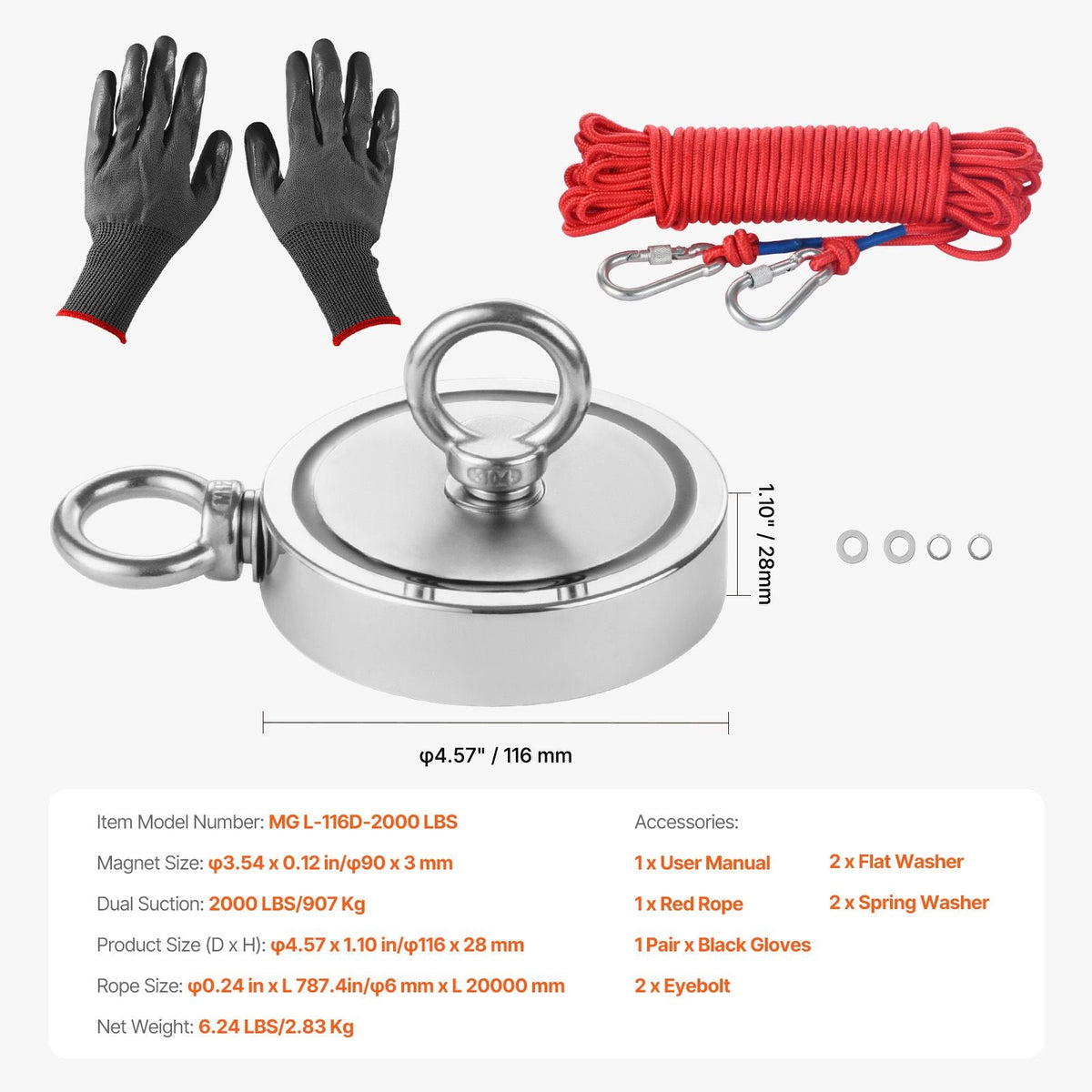 Magnet Fishing Kit, 2000 LBS/907 Kg Double-Sided Pulling Force Strong Magnet Fishing Kit, Rare Earth Neodymium Magnetic Fishing Kit Includes Grappling Hook, Heavy Duty Rope, Gloves and Eyebolt