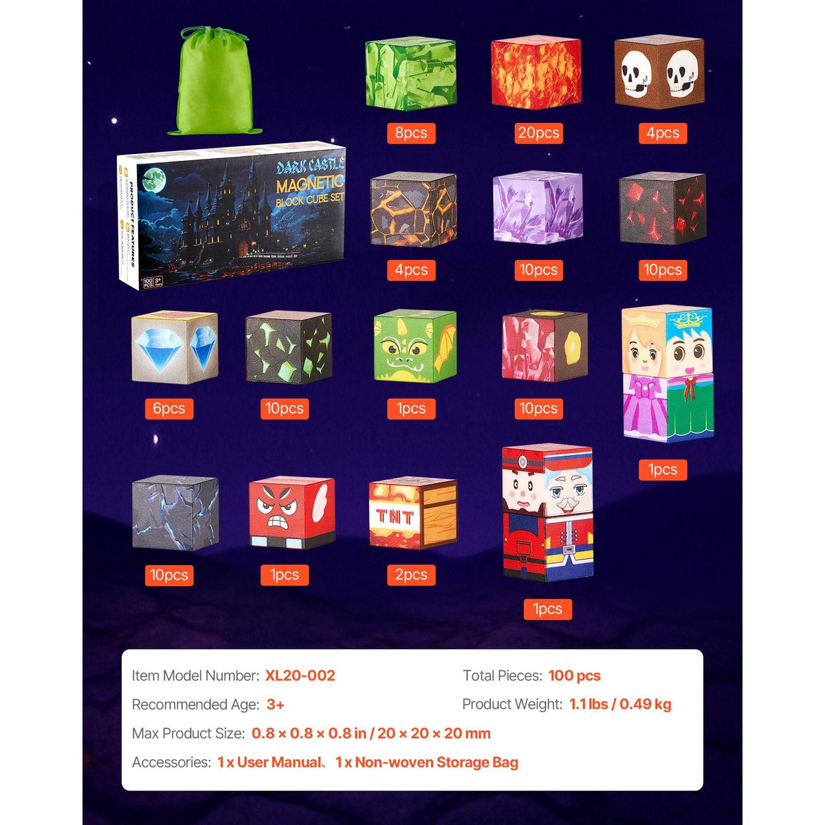 Magnetic Blocks, 100 PCS Dark Castle Set, Magnetic Building Cubes for Kids, STEM Montessori Sensory Toys for Christmas Birthday Gift, Construction Stacking Toy for 3+ Years Old Boys & Girls