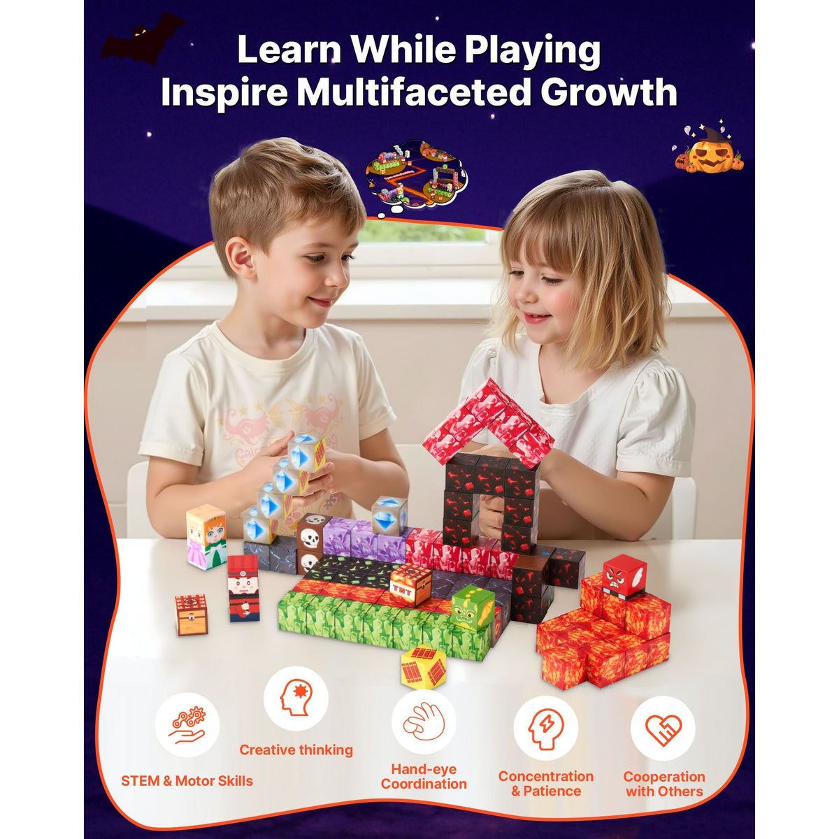 Magnetic Blocks, 100 PCS Dark Castle Set, Magnetic Building Cubes for Kids, STEM Montessori Sensory Toys for Christmas Birthday Gift, Construction Stacking Toy for 3+ Years Old Boys & Girls