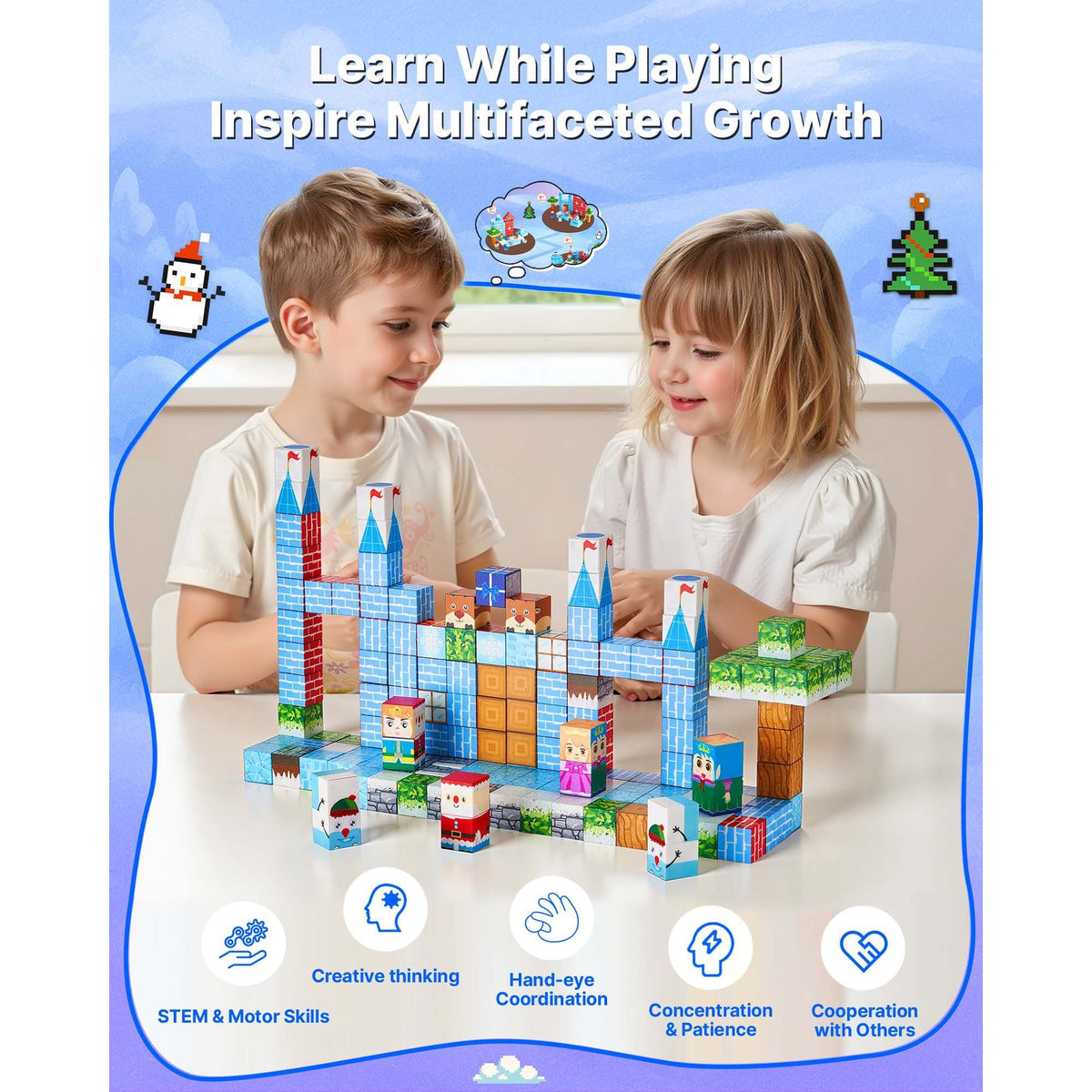 Magnetic Blocks, 150 PCS Glacier Castle Set, Magnetic Building Cubes for Kids, STEM Montessori Sensory Toys for Christmas Birthday Gift, Construction Stacking Toy for 3+ Years Old Boys & Girls