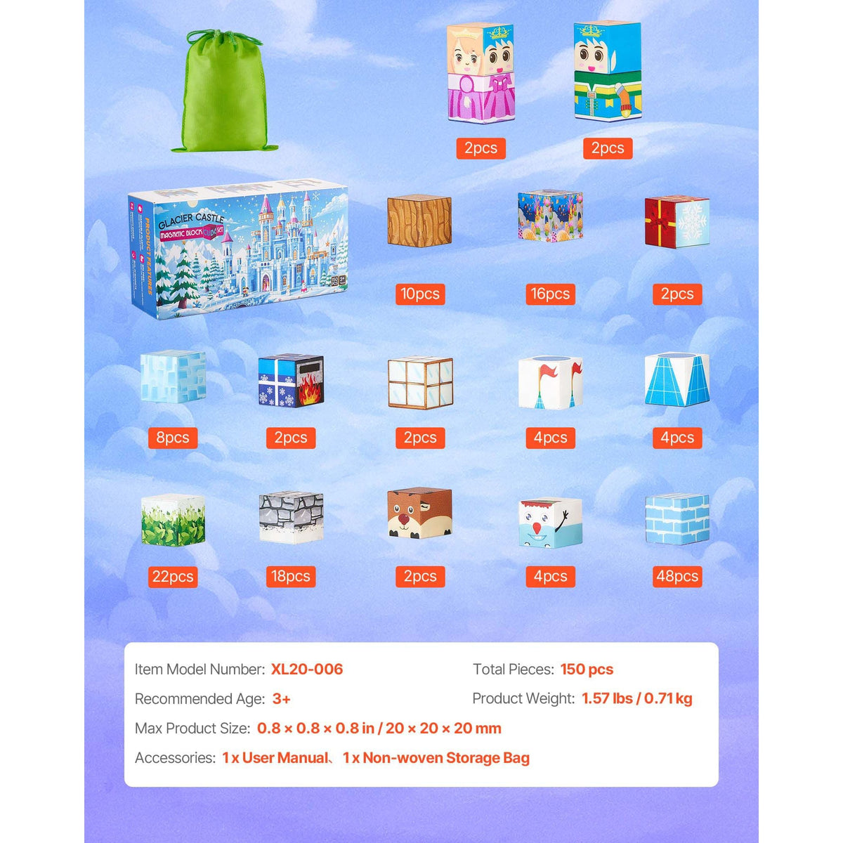 Magnetic Blocks, 150 PCS Glacier Castle Set, Magnetic Building Cubes for Kids, STEM Montessori Sensory Toys for Christmas Birthday Gift, Construction Stacking Toy for 3+ Years Old Boys & Girls