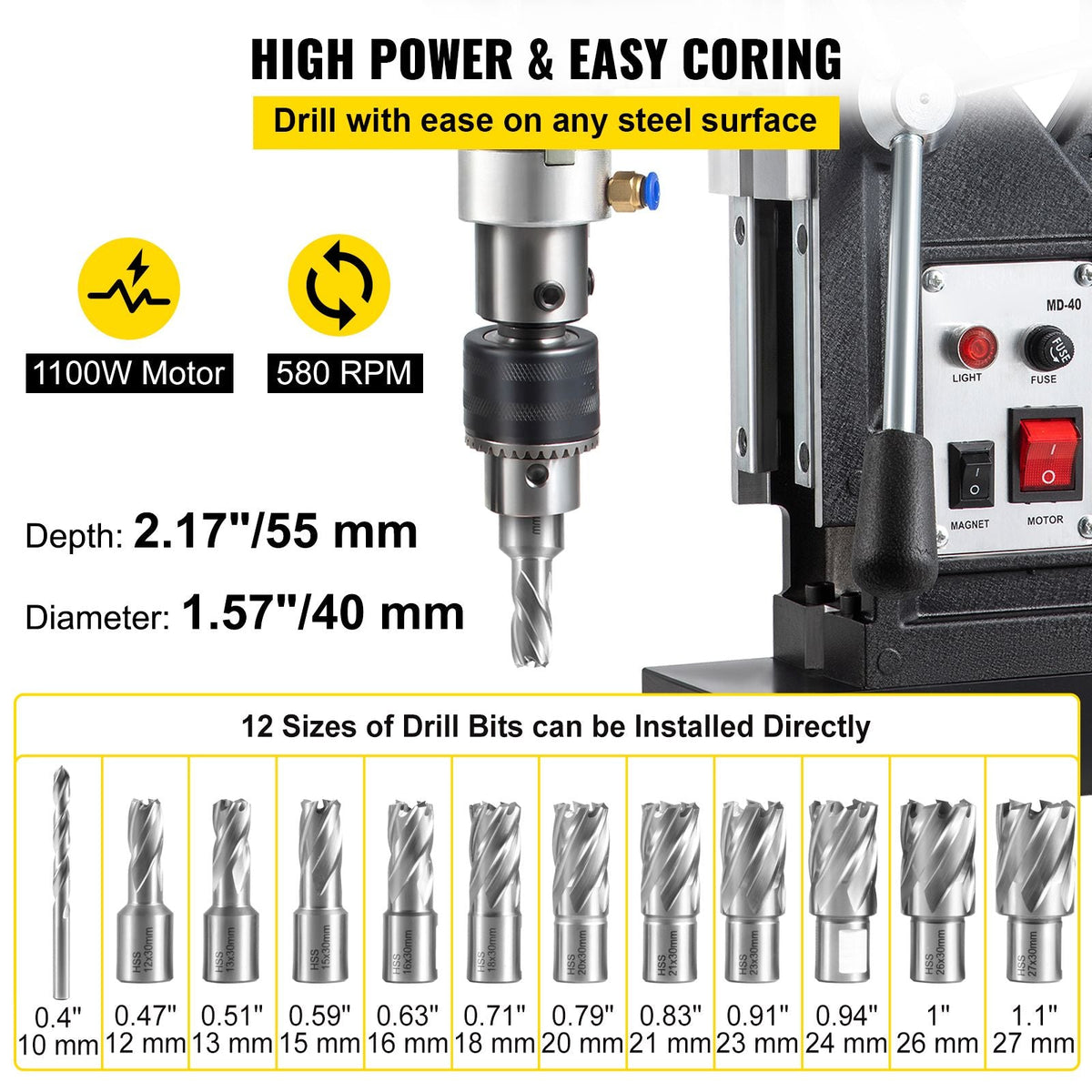 Magnetic Drill, 1100W 1.57\" Boring Diameter, 2697lbf/12000N Portable Electric Mag Drill Press with 12 Drilling Bits, 580 RPM Max Speed Drilling Machine for any Surface and Home Improvement