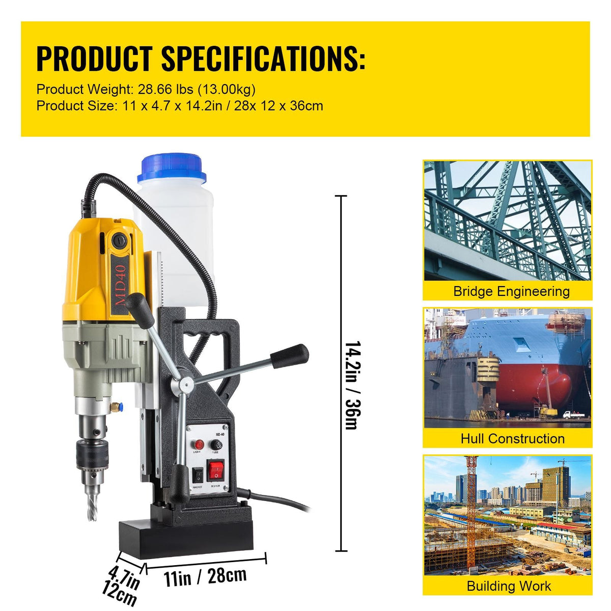 Magnetic Drill, 1100W 1.57\" Boring Diameter, 2697lbf/12000N Portable Electric Mag Drill Press with 12 Drilling Bits, 580 RPM Max Speed Drilling Machine for any Surface and Home Improvement