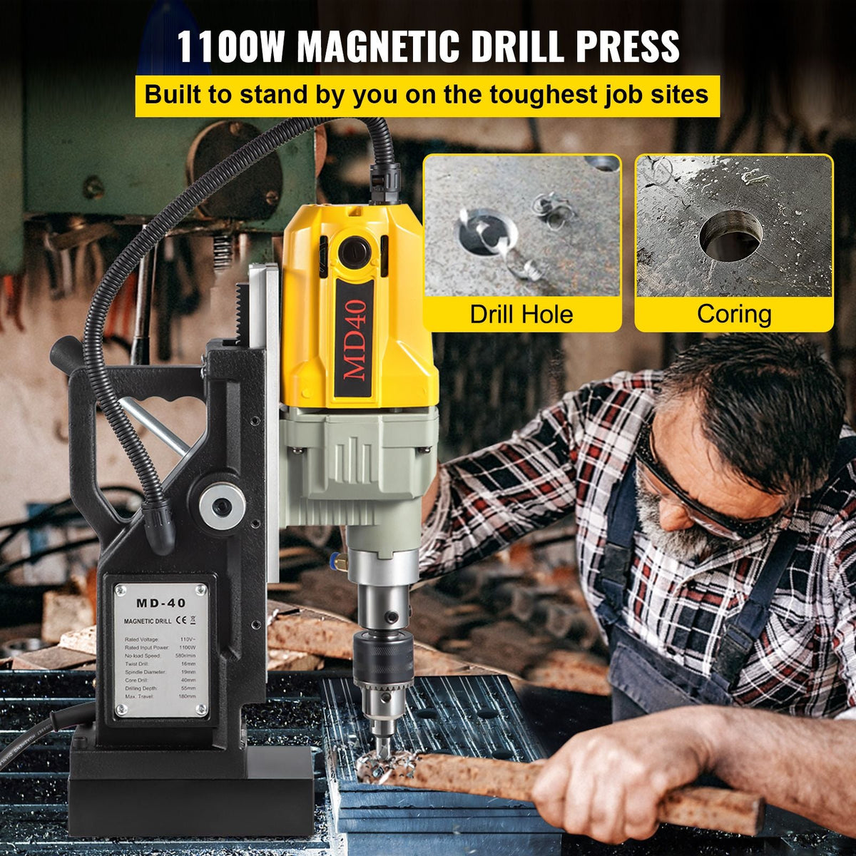 Magnetic Drill, 1100W 1.57\" Boring Diameter, 2697lbf/12000N Portable Electric Mag Drill Press with 7 Bits, 580 RPM Max Speed Drilling Machine for any Surface and Home Improvement