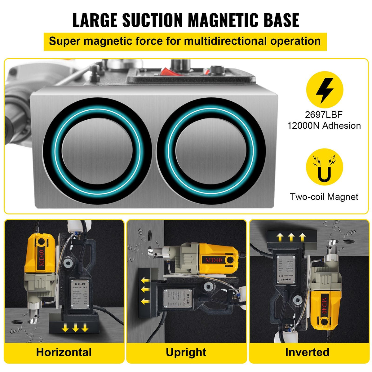 Magnetic Drill, 1100W 1.57\" Boring Diameter, 2697lbf/12000N Portable Electric Mag Drill Press with 7 Bits, 580 RPM Max Speed Drilling Machine for any Surface and Home Improvement