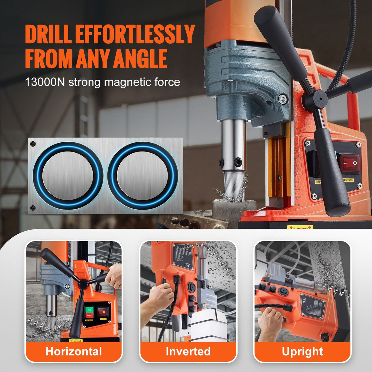 Magnetic Drill, 1300W Motor 1.6 in Boring Diameter, 2810 lbf Portable Electric Mag Drill Press, 810 RPM No-Load Speed, Drilling Machine for Metal Surface, Industrial and Home Improvement