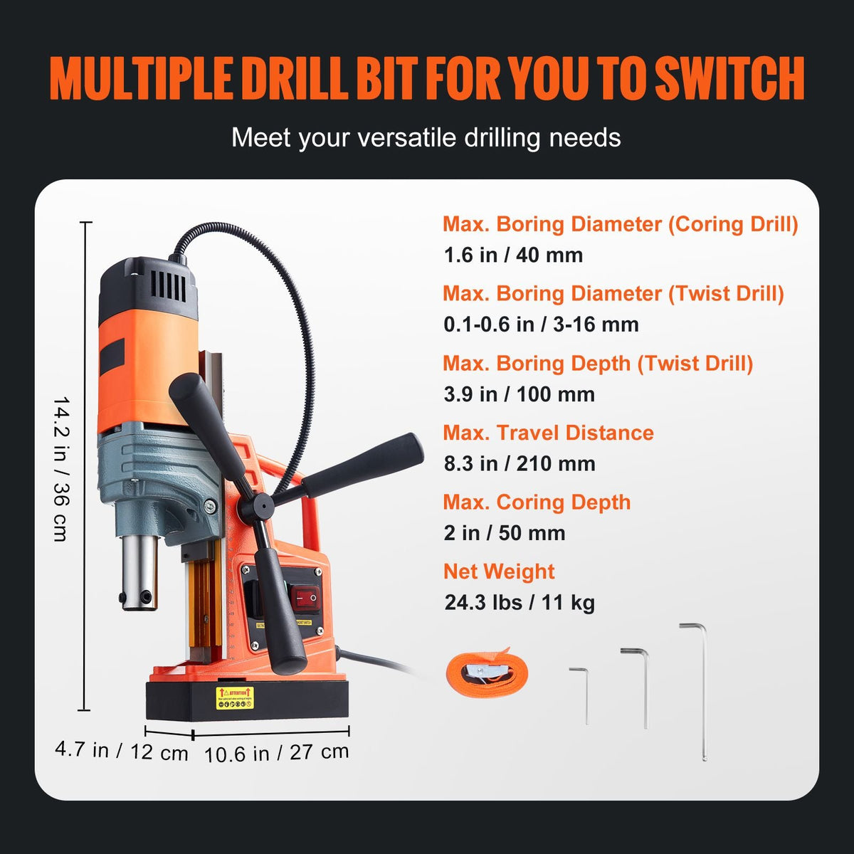 Magnetic Drill, 1300W Motor 1.6 in Boring Diameter, 2810 lbf Portable Electric Mag Drill Press, 810 RPM No-Load Speed, Drilling Machine for Metal Surface, Industrial and Home Improvement