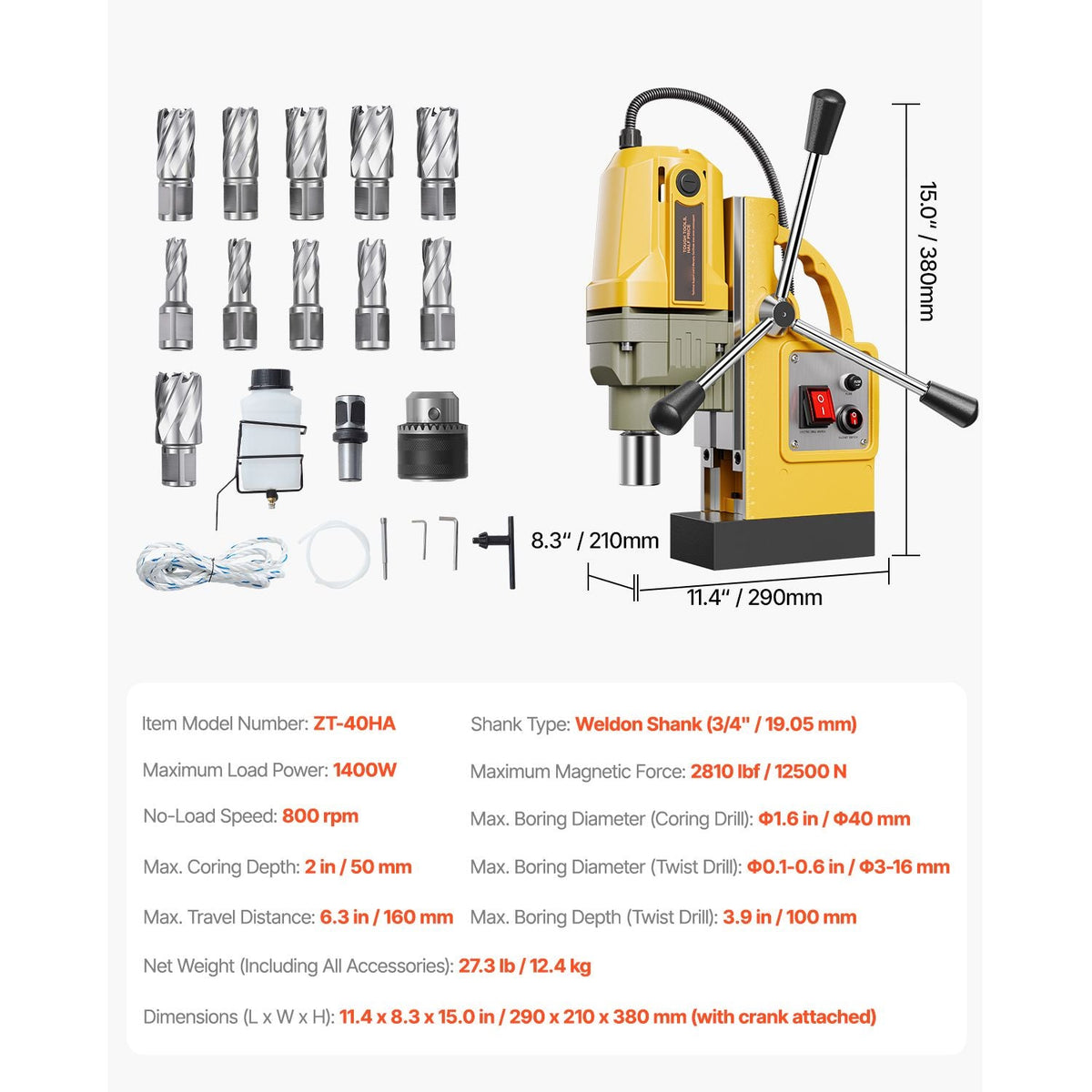 Magnetic Drill, 1400W Motor 1.6 in Boring Diameter, 2810 lbf Portable Electric Mag Drill Press, with 11 Coring Bits, 800 RPM Speed, Drilling Machine for Metal Surface, Home Improvement Industry