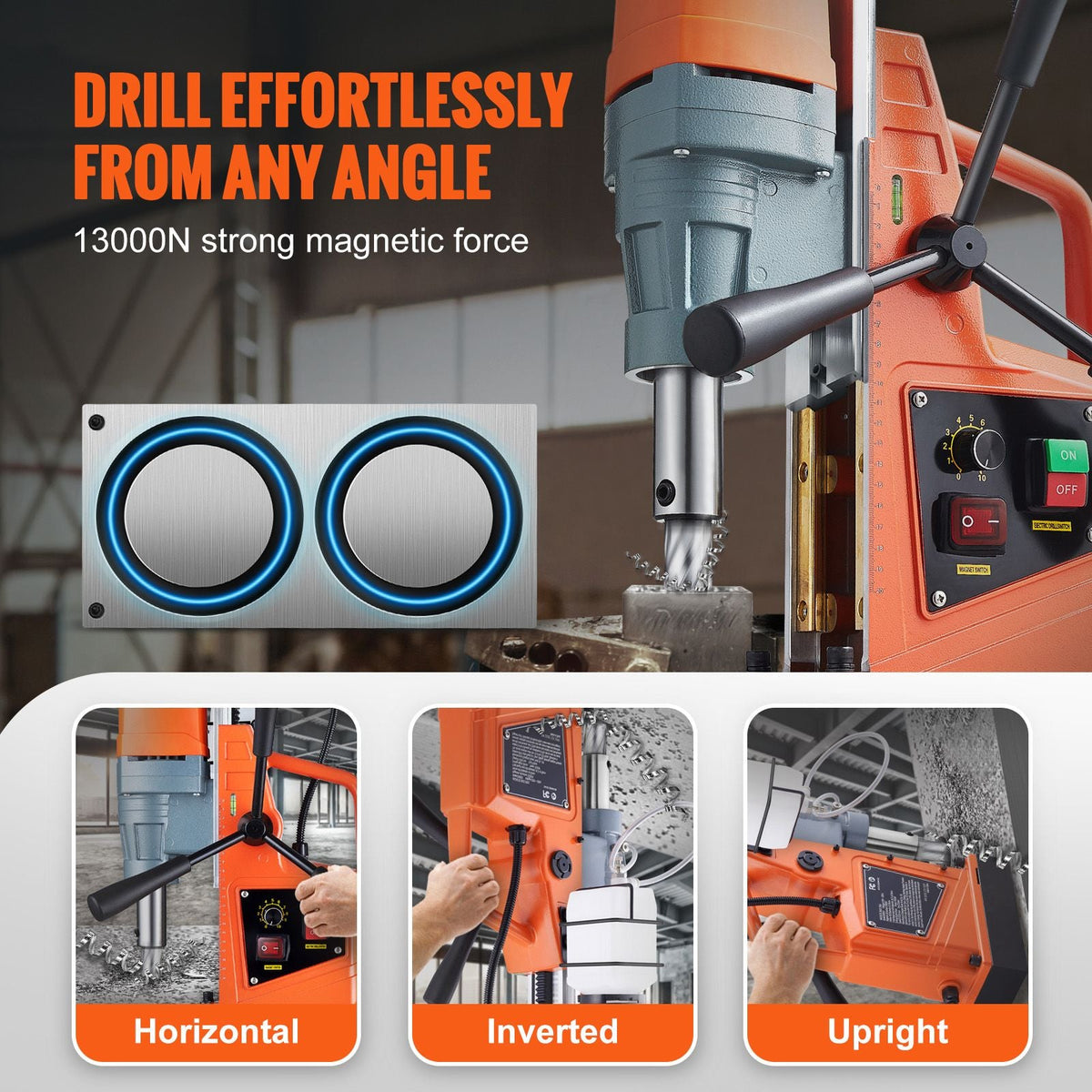 Magnetic Drill, 1550W Motor 2 in Boring Diameter, 2922 lbf Portable Electric Mag Drill Press, 0-500 RPM Variable Speed, Drilling Machine for Metal Surface, Industrial and Home Improvement