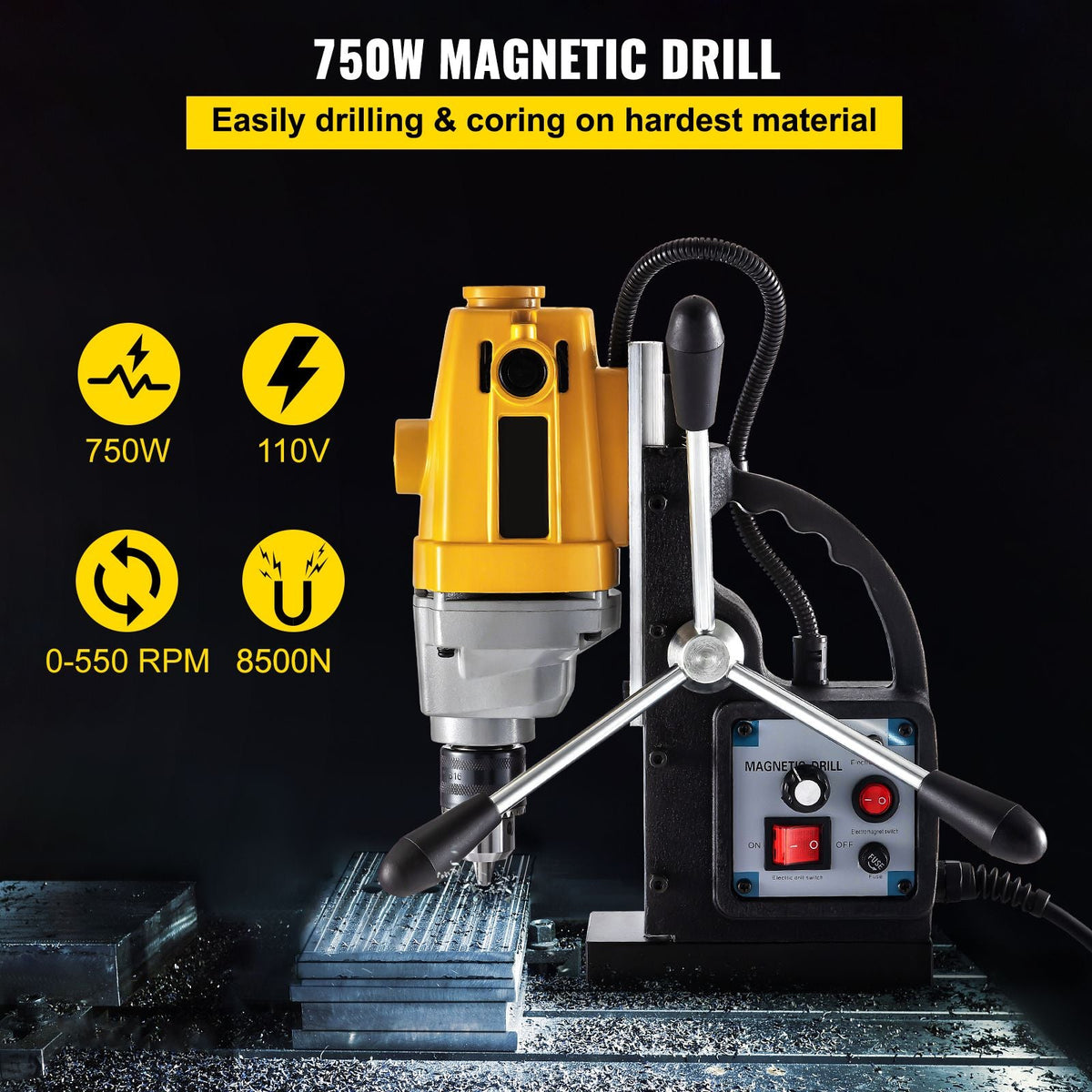Magnetic Drill, 750W Magnetic Base Drill, 0.5\" Max Boring Diameter Mag Drills, 1910lbf Mag Drill Base, 3.9\" Max Boring Depth Mag Drill Press, 110V Magnet Drill Press, 550RPM Portable Drill Pre