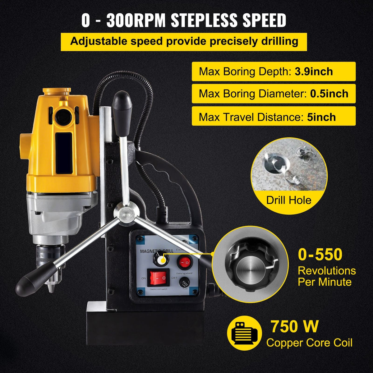 Magnetic Drill, 750W Magnetic Base Drill, 0.5\" Max Boring Diameter Mag Drills, 1910lbf Mag Drill Base, 3.9\" Max Boring Depth Mag Drill Press, 110V Magnet Drill Press, 550RPM Portable Drill Pre
