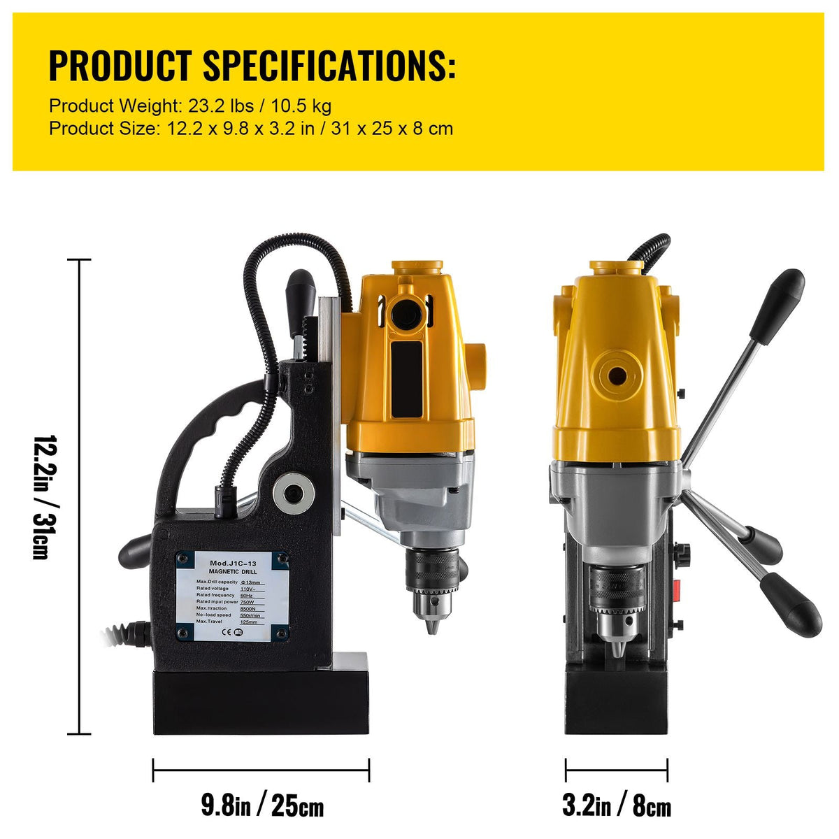 Magnetic Drill, 750W Magnetic Base Drill, 0.5\" Max Boring Diameter Mag Drills, 1910lbf Mag Drill Base, 3.9\" Max Boring Depth Mag Drill Press, 110V Magnet Drill Press, 550RPM Portable Drill Pre