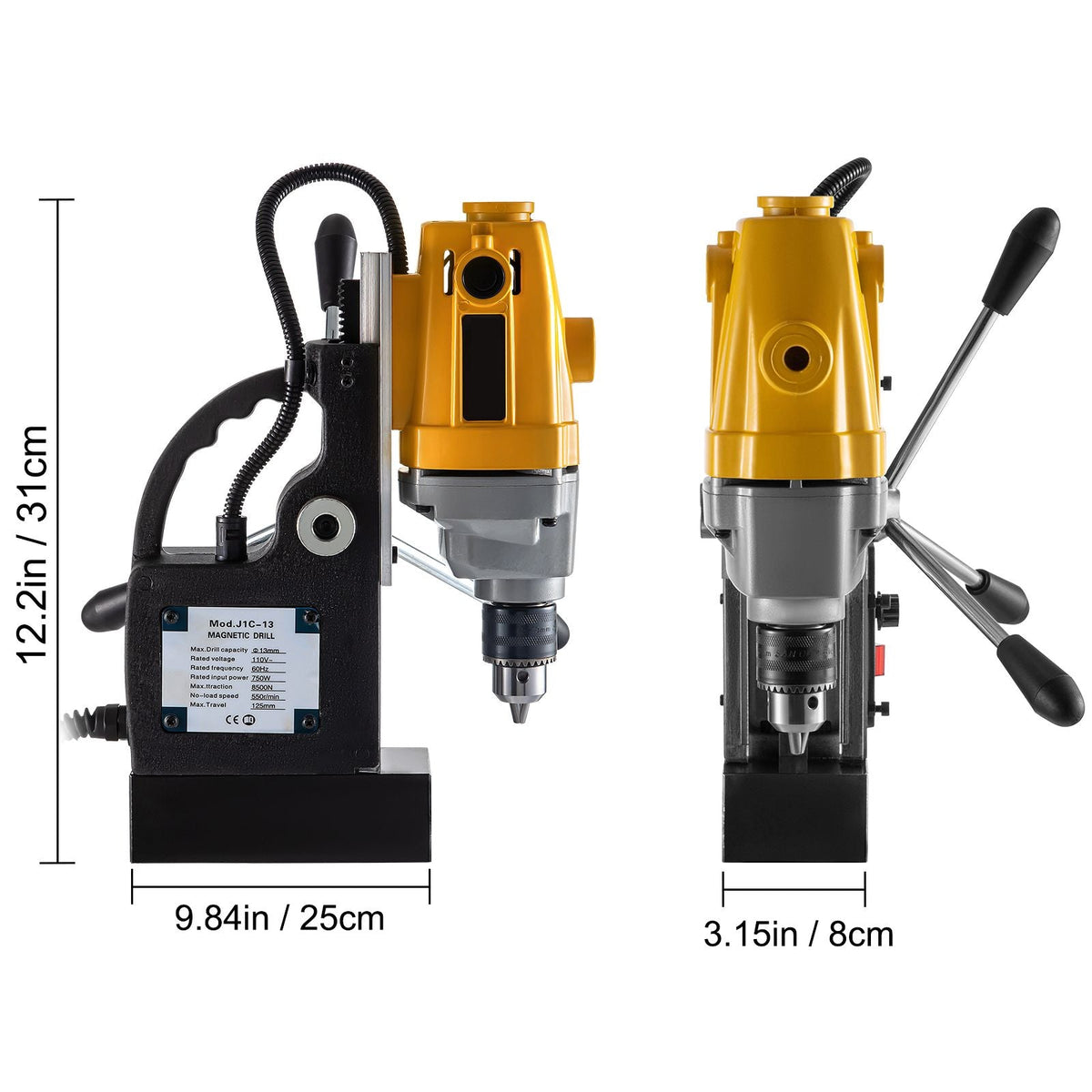 Magnetic Drill, 750W Magnetic Base Drill, 0.5\" Max Boring Diameter Mag Drills, 1910lbf Mag Drill Base, 3.9\" Max Boring Depth Mag Drill Press, 110V Magnet Drill Press, 550RPM Portable Drill Pre
