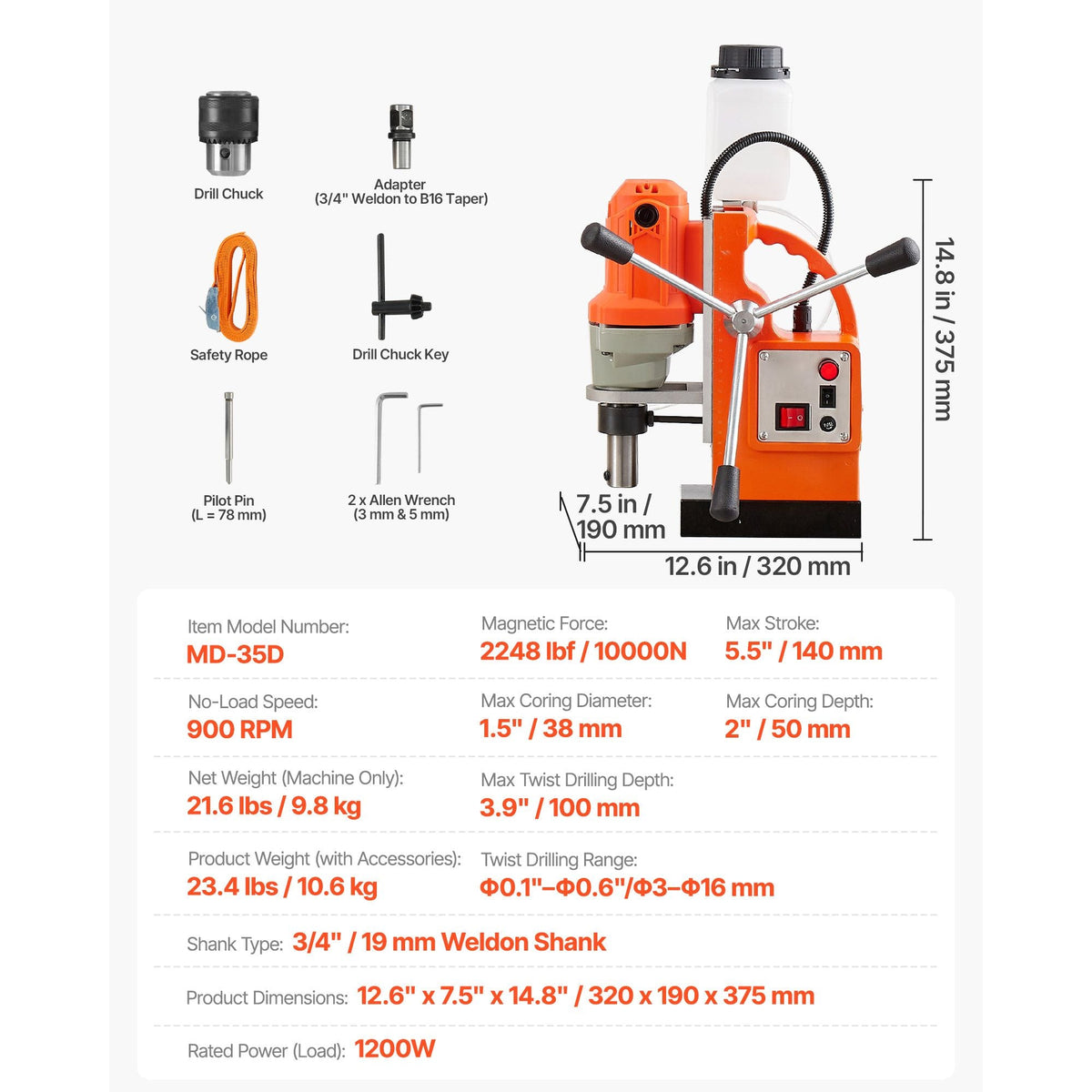 Magnetic Drill Press, 1200 W, 1.5 in Boring Diameter, 2248 lbf Power Mag Drill Press, 900 RPM Speed, with Weldon Shank, Efficient Cooling, for Metal Surface, Industrial and Home Improvement