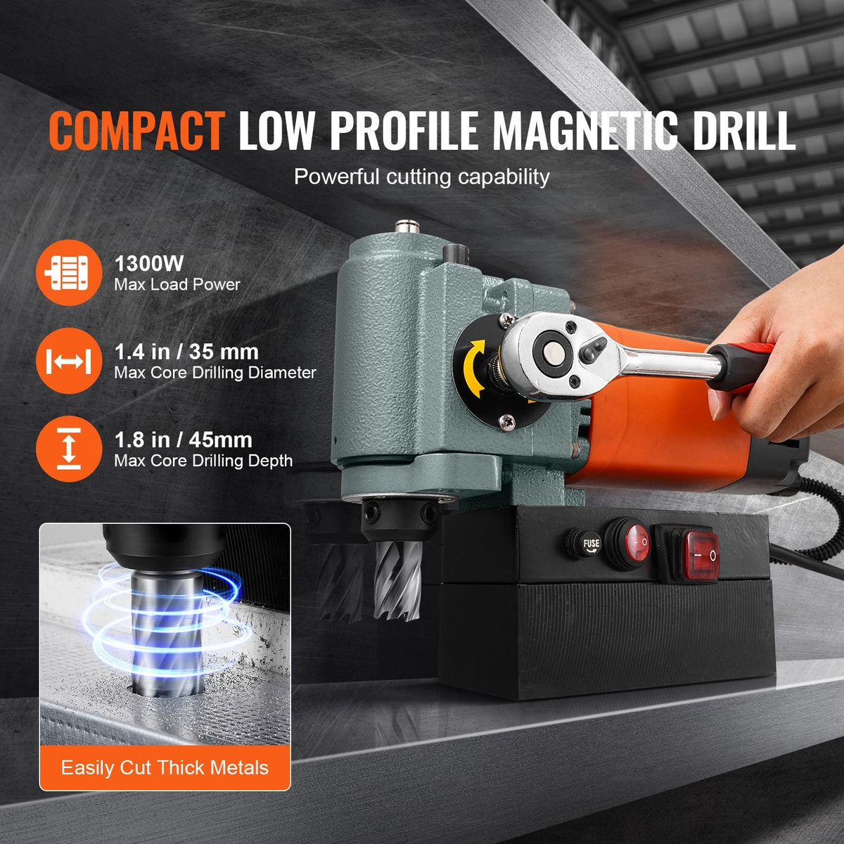 Magnetic Drill Press, 1300W Low Profile Mag Drill, Light Weight Portable Mag Drilling Machine with Cooling Device and Overload Protection, Mag Press for Equipment Installation, Industrial