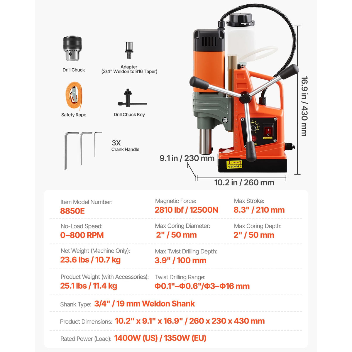 Magnetic Drill Press, 1400 W, 2 in Boring Diameter, 2810 lbf Power Portable Mag Drill Press, 0–800 RPM Adjustable Speed, with Weldon Shank, for Metal Surface, Industrial and Home Improvement