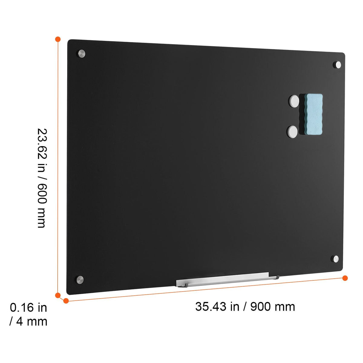 Magnetic Glass Whiteboard, Dry Erase Board 36"x24", Wall-Mounted Large White Glassboard Frameless, with Marker Tray, an Eraser and 2 Markers, Black