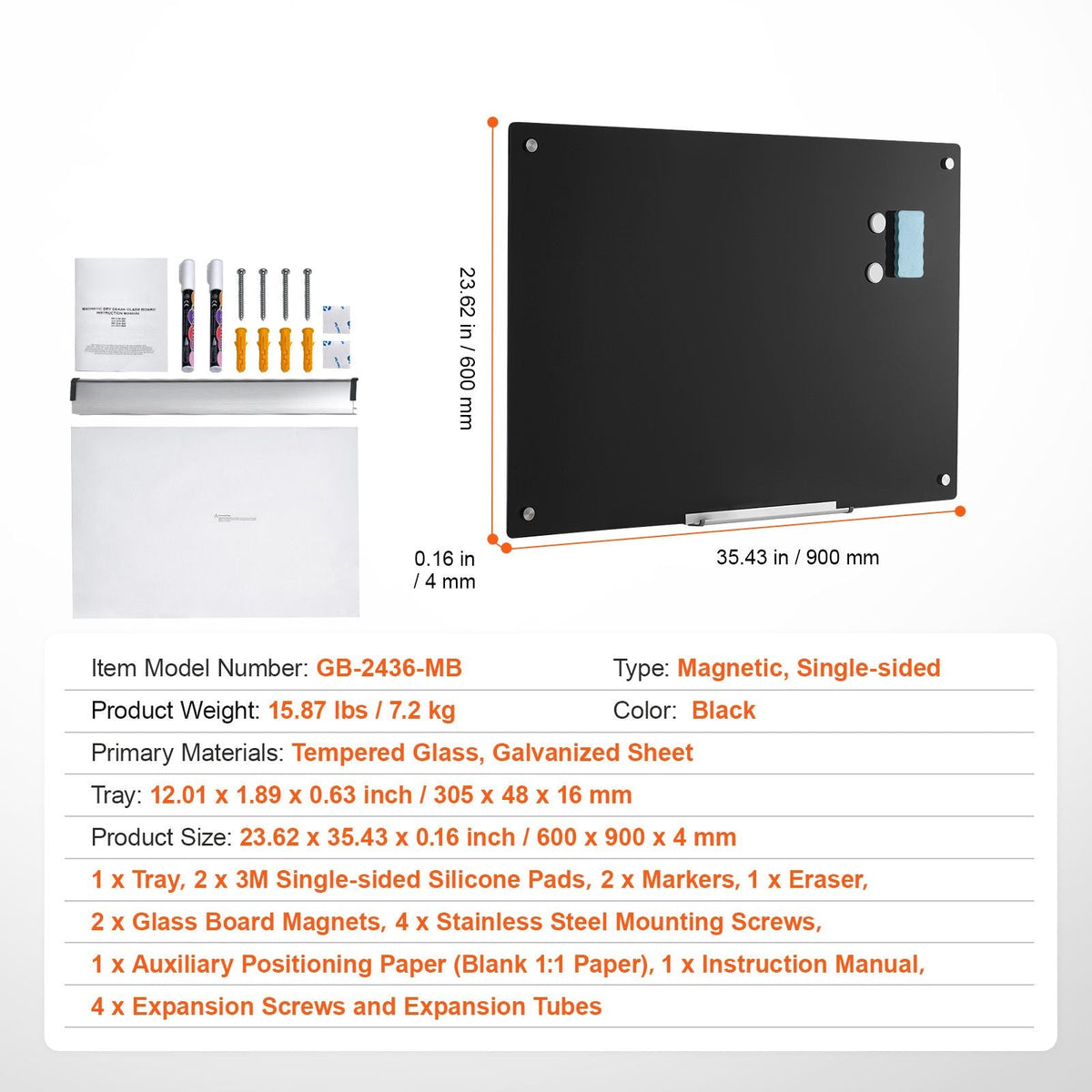 Magnetic Glass Whiteboard, Dry Erase Board 36"x24", Wall-Mounted Large White Glassboard Frameless, with Marker Tray, an Eraser and 2 Markers, Black