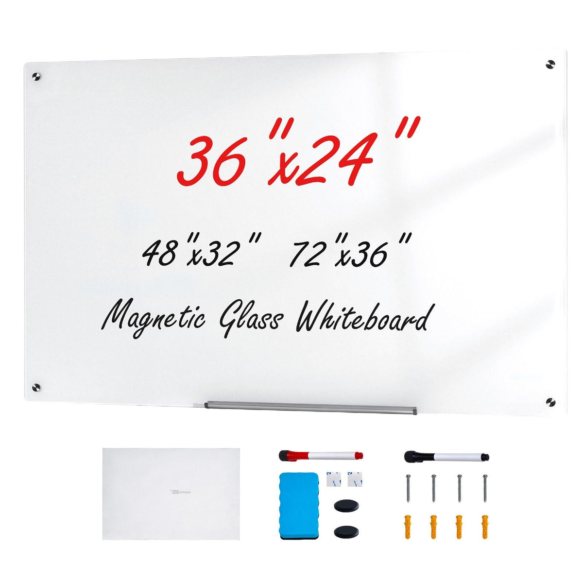 Magnetic Glass Whiteboard, Dry Erase Board 36"x24", Wall-Mounted Large White Glassboard Frameless, with Marker Tray, an Eraser and 2 Markers, White