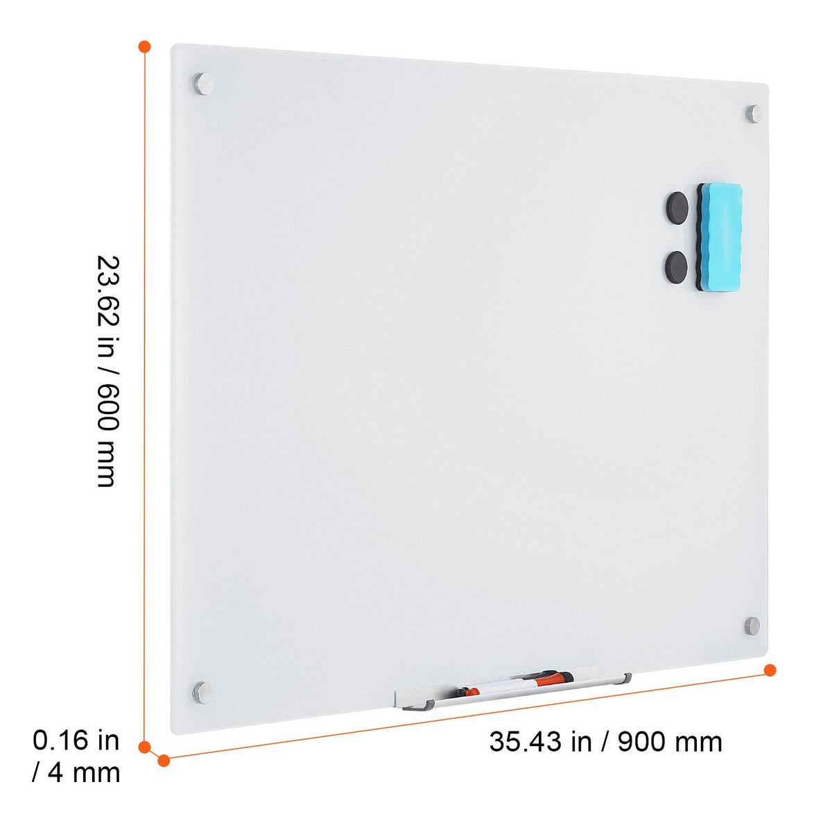 Magnetic Glass Whiteboard, Dry Erase Board 36"x24", Wall-Mounted Large White Glassboard Frameless, with Marker Tray, an Eraser and 2 Markers, White