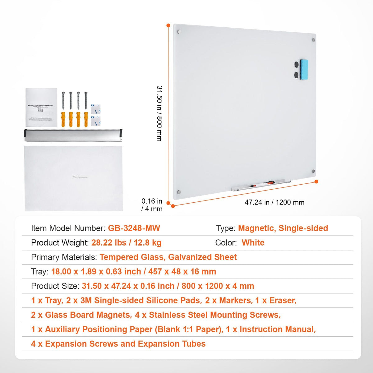 Magnetic Glass Whiteboard, Dry Erase Board 48"x32", Wall-Mounted Large White Glassboard Frameless, with Marker Tray, an Eraser and 2 Markers, White