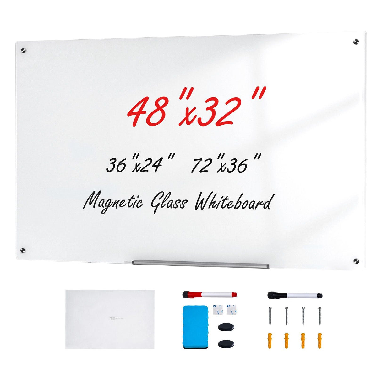 Magnetic Glass Whiteboard, Dry Erase Board 48"x32", Wall-Mounted Large White Glassboard Frameless, with Marker Tray, an Eraser and 2 Markers, White