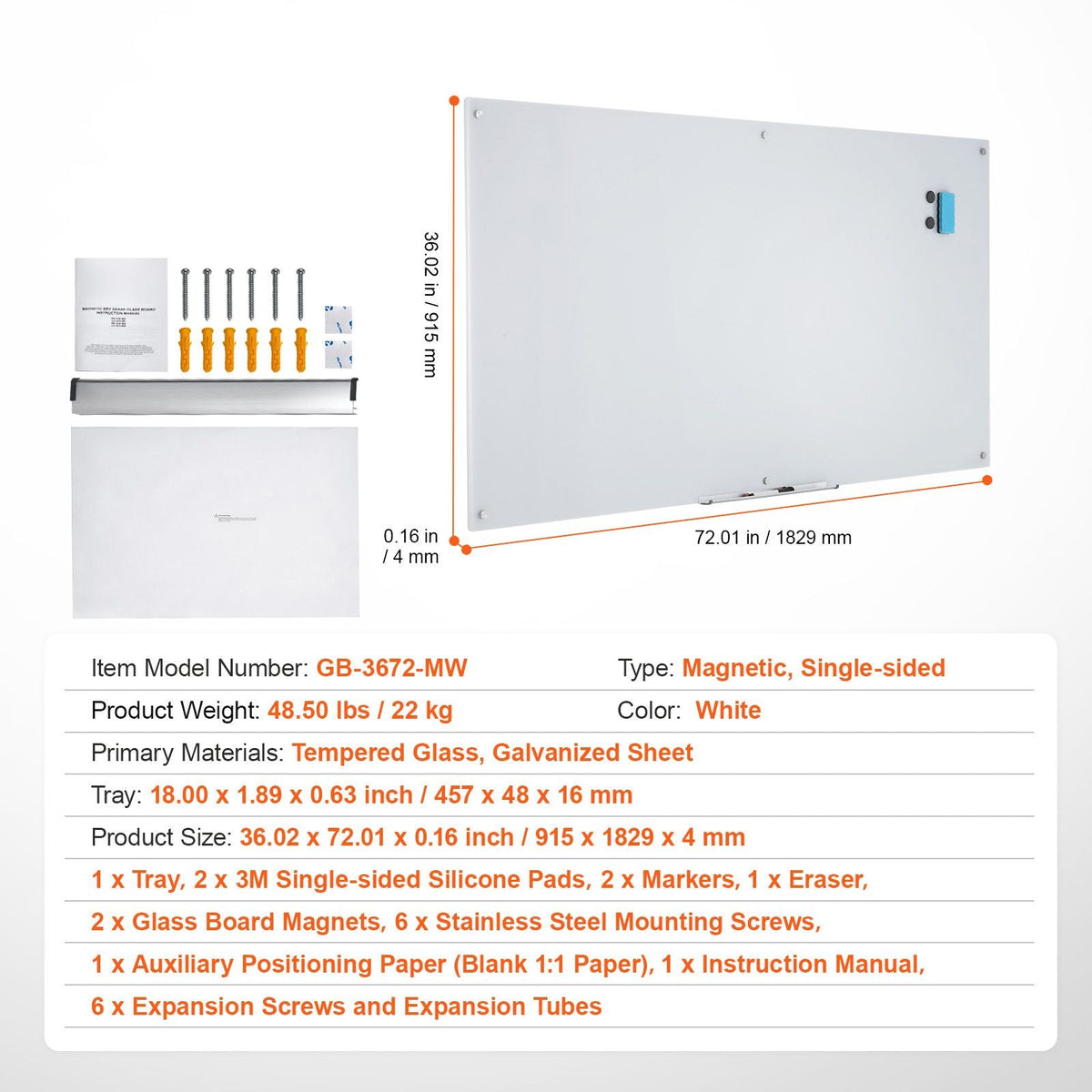 Magnetic Glass Whiteboard, Dry Erase Board 72"x36", Wall-Mounted Large White Glassboard Frameless, with Marker Tray, an Eraser and 2 Markers, White