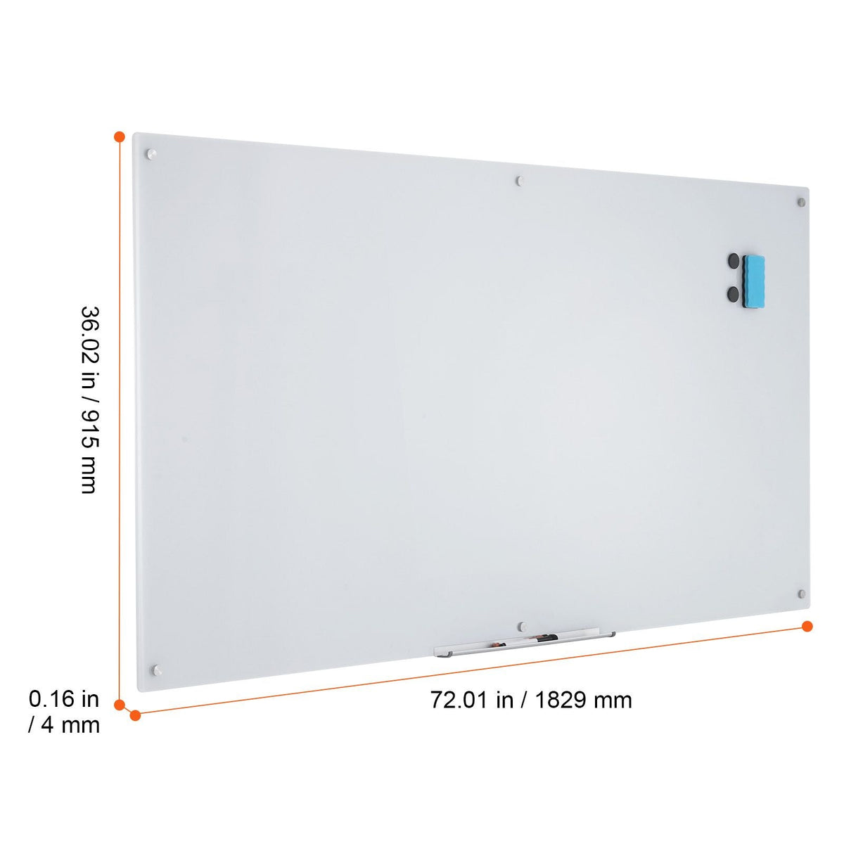 Magnetic Glass Whiteboard, Dry Erase Board 72"x36", Wall-Mounted Large White Glassboard Frameless, with Marker Tray, an Eraser and 2 Markers, White