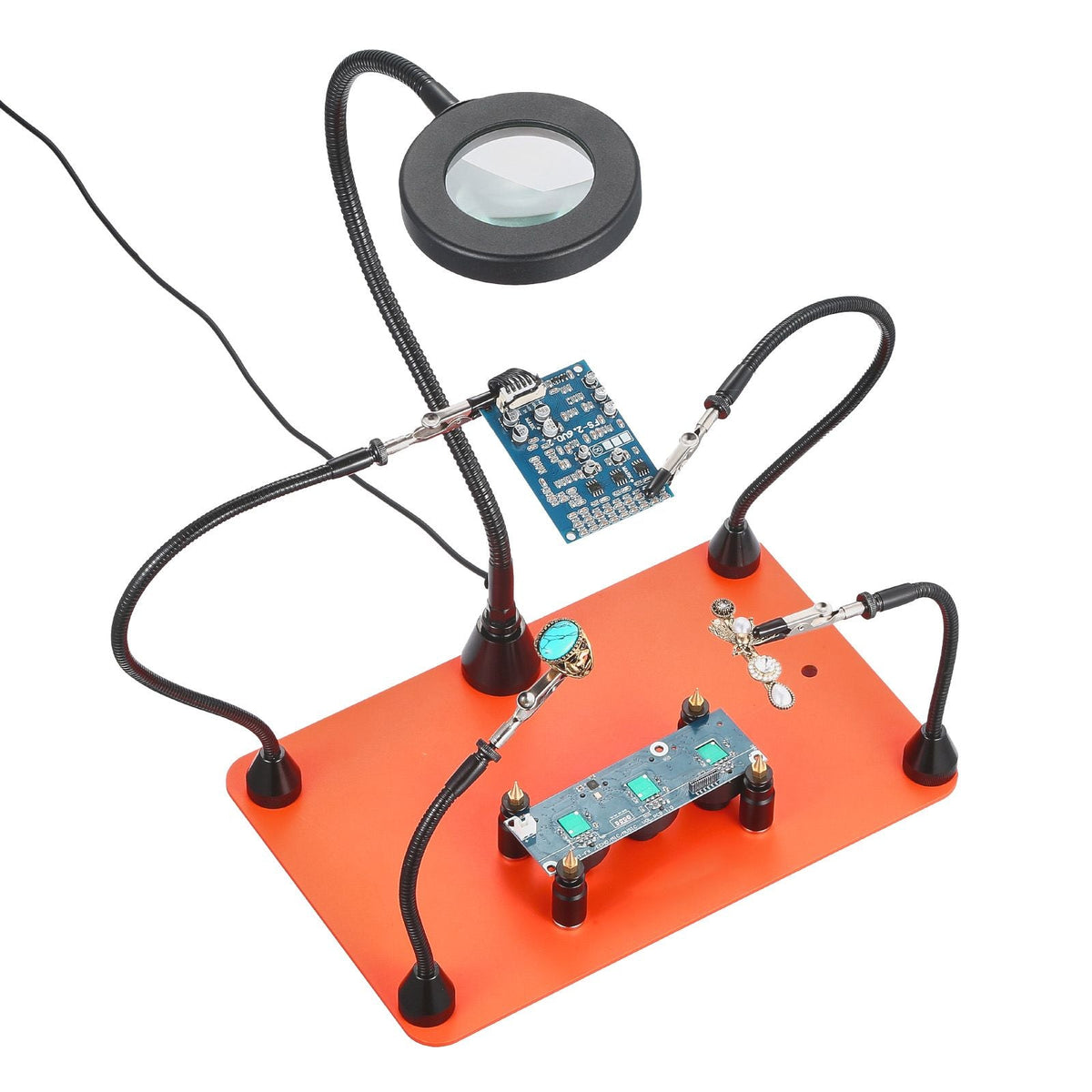 Magnetic Helping Hands Soldering Station, 4 Flexible Arms Third Hand Soldering Tool, with 3X LED Magnifying Lamp, 4 PCB Pillar Holder & Heavy-Duty Base, Electronic Repair Craft Hobby DIY