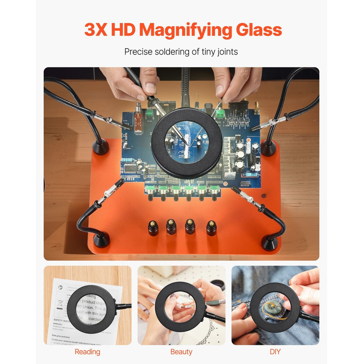 Magnetic Helping Hands Soldering Station, 4 Flexible Arms Third Hand Soldering Tool, with 3X LED Magnifying Lamp, 4 PCB Pillar Holder & Heavy-Duty Base, Electronic Repair Craft Hobby DIY