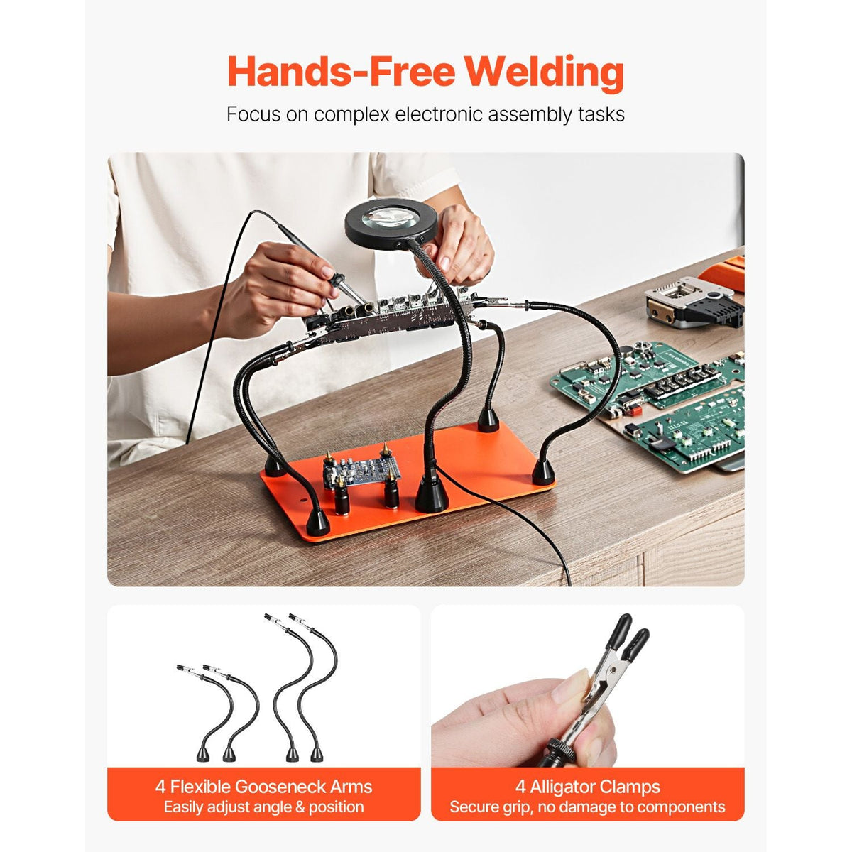Magnetic Helping Hands Soldering Station, 4 Flexible Arms Third Hand Soldering Tool, with 3X LED Magnifying Lamp, 4 PCB Pillar Holder & Heavy-Duty Base, Electronic Repair Craft Hobby DIY