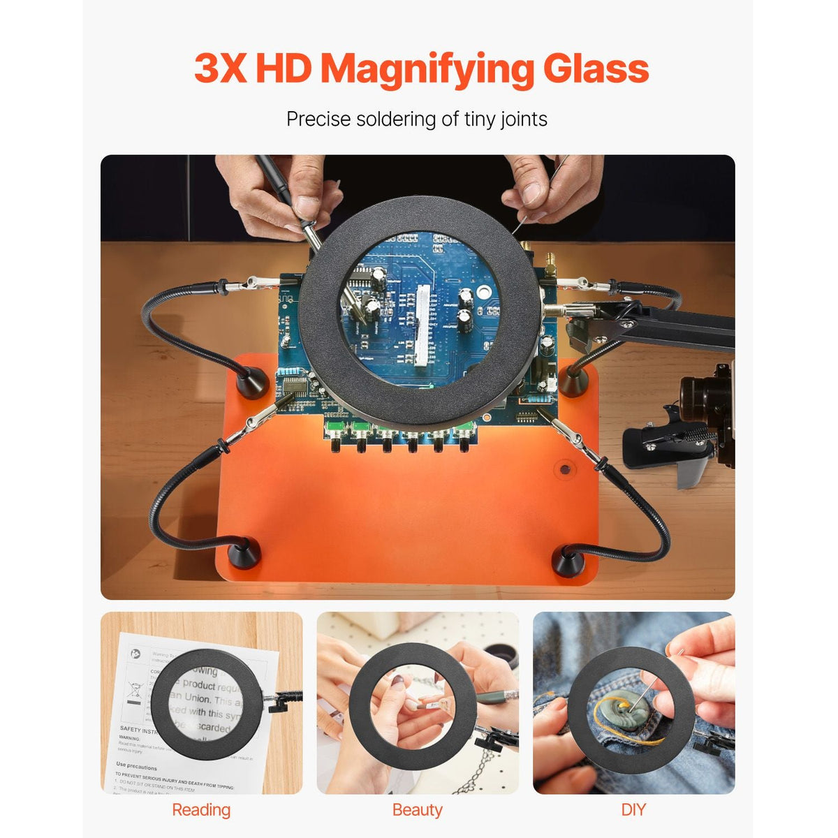 Magnetic Helping Hands Soldering Station, 4 Flexible Arms Third Hand Tool with 3X LED Magnifying Lamp & Non-Slip Heavy-Duty Base, Soldering Helping Hands for Electronic Repair Craft Hobby DIY
