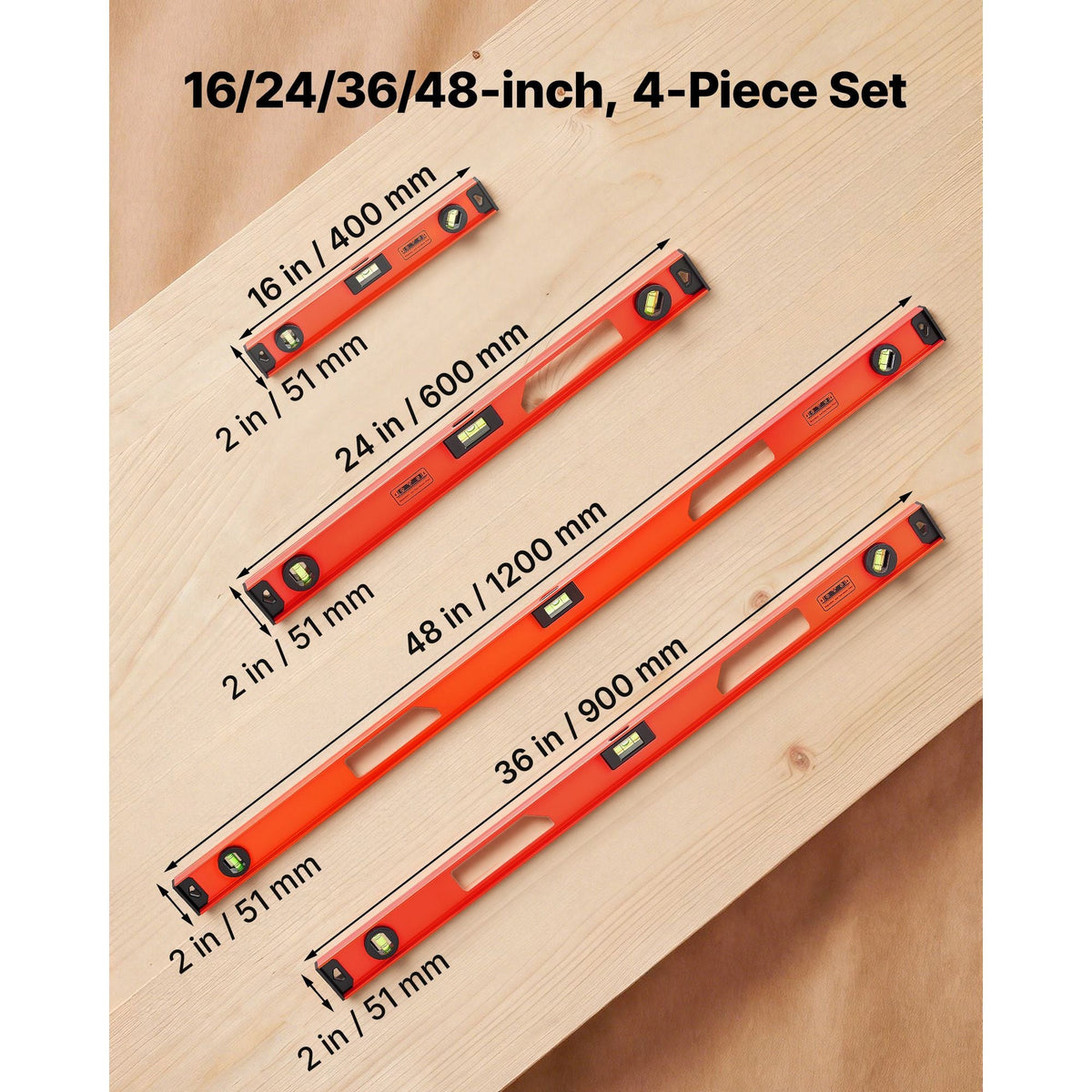 Magnetic Level Set, 4-Piece Included 16/24/36/48 in, Aluminum Alloy I-Beam Bubble Leveler with Clear 3 Green Vials & Hanging Hole, Level Tool Ideal for Hanging Pictures, Home Improvement & DIY